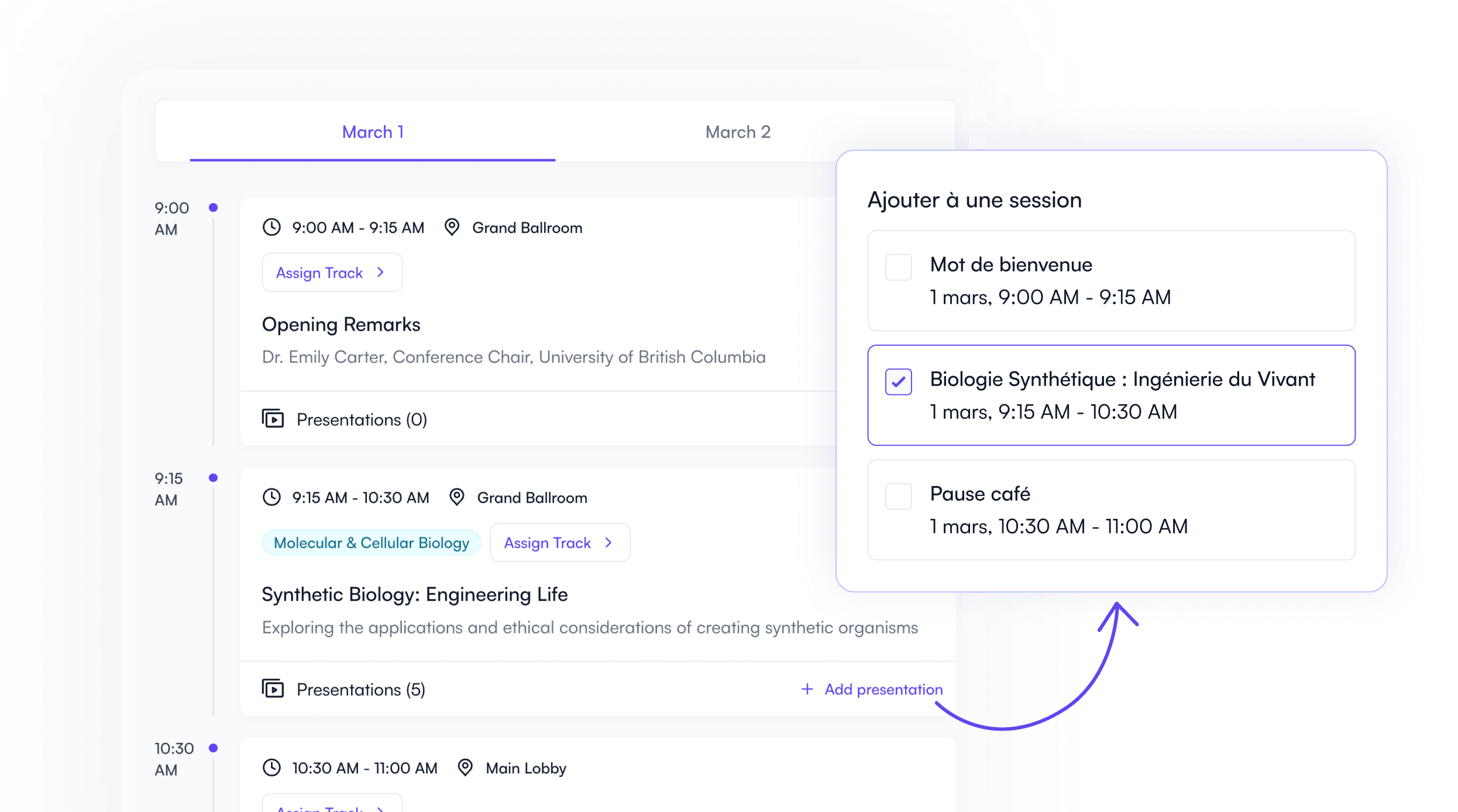 Programme d'événement généré à partir des soumissions dans Fourwaves