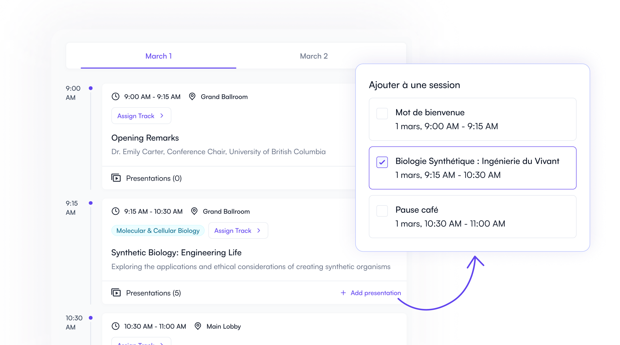 Programme d'événement généré à partir des soumissions dans Fourwaves