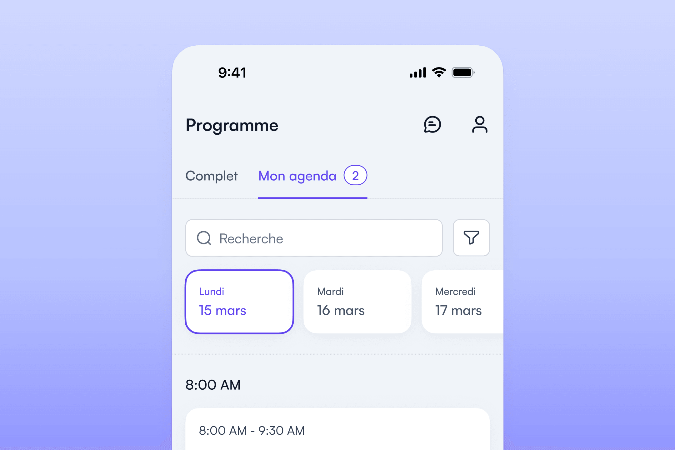 Agenda personnel avec sessions ajoutées dans l’application Fourwaves