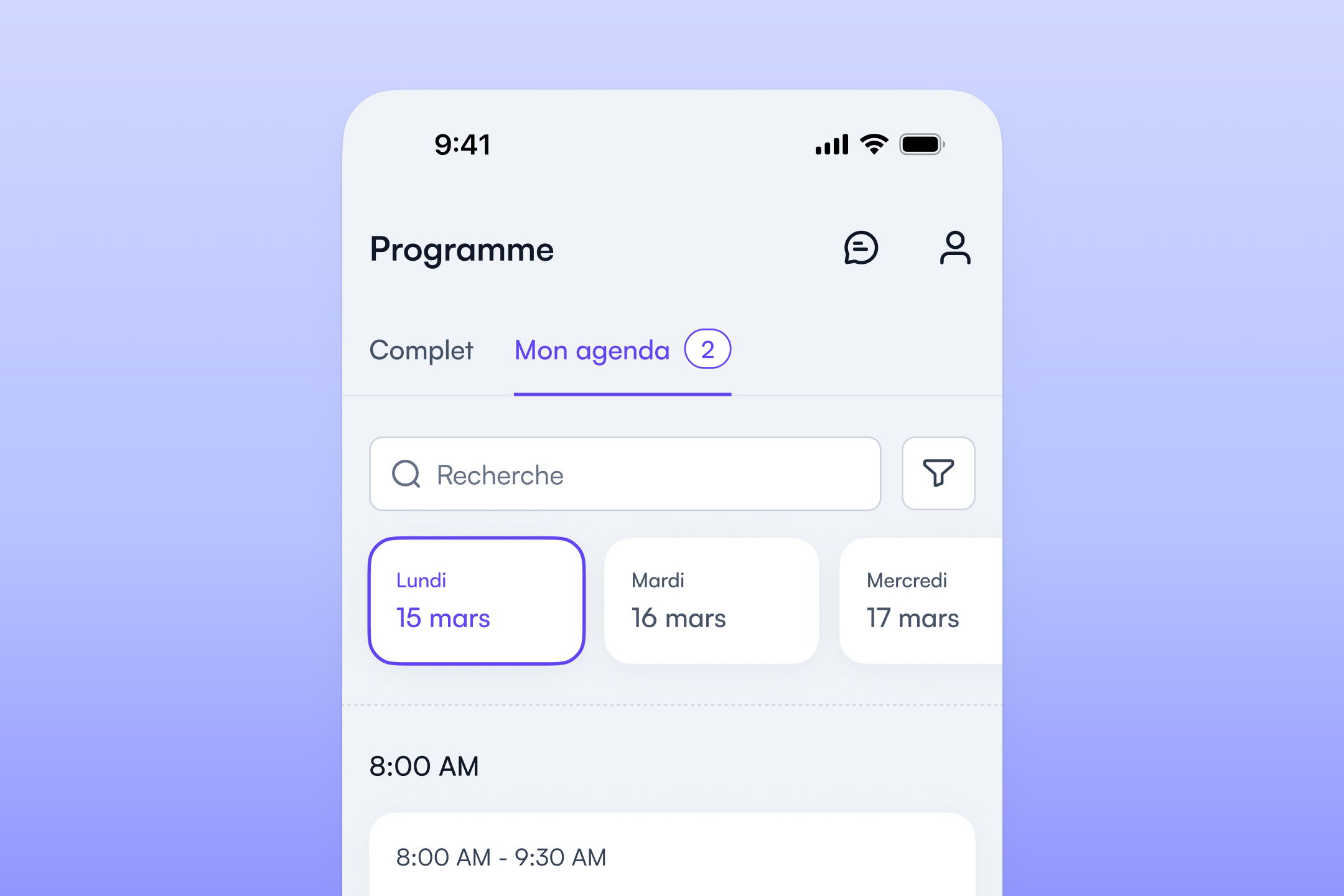 Agenda personnel avec sessions ajoutées dans l’application Fourwaves