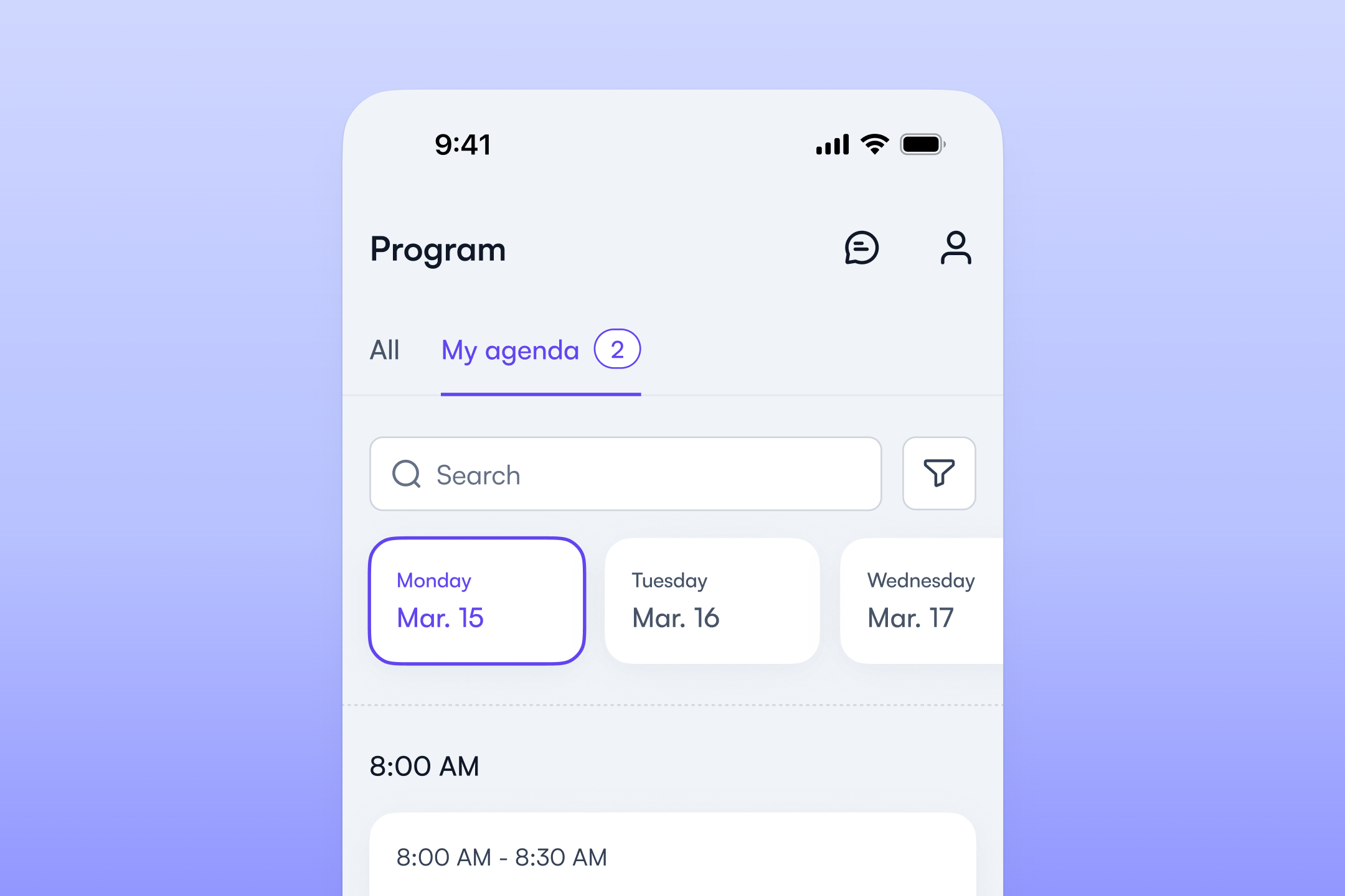 Agenda with bookmarked sessions in the Fourwaves app