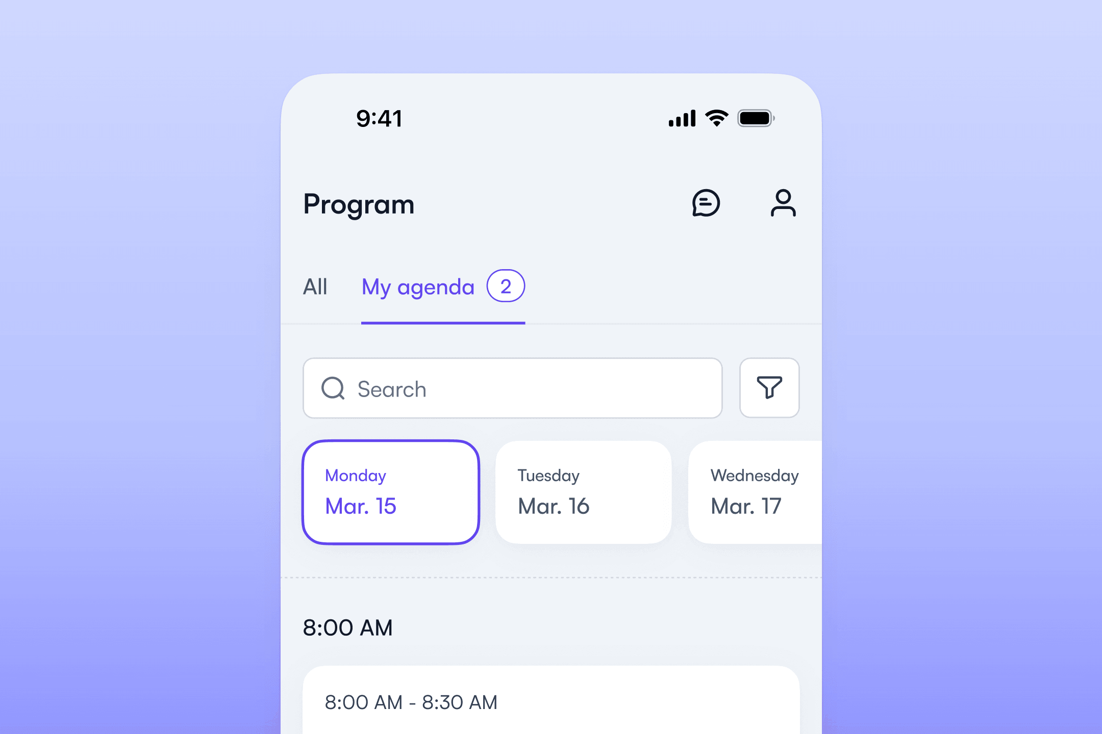 Agenda with bookmarked sessions in the Fourwaves app