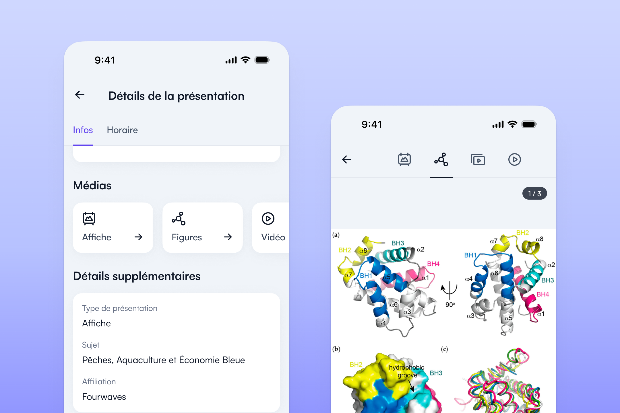 Page de présentation avec affiche, diapositives et vidéo dans l’application Fourwaves