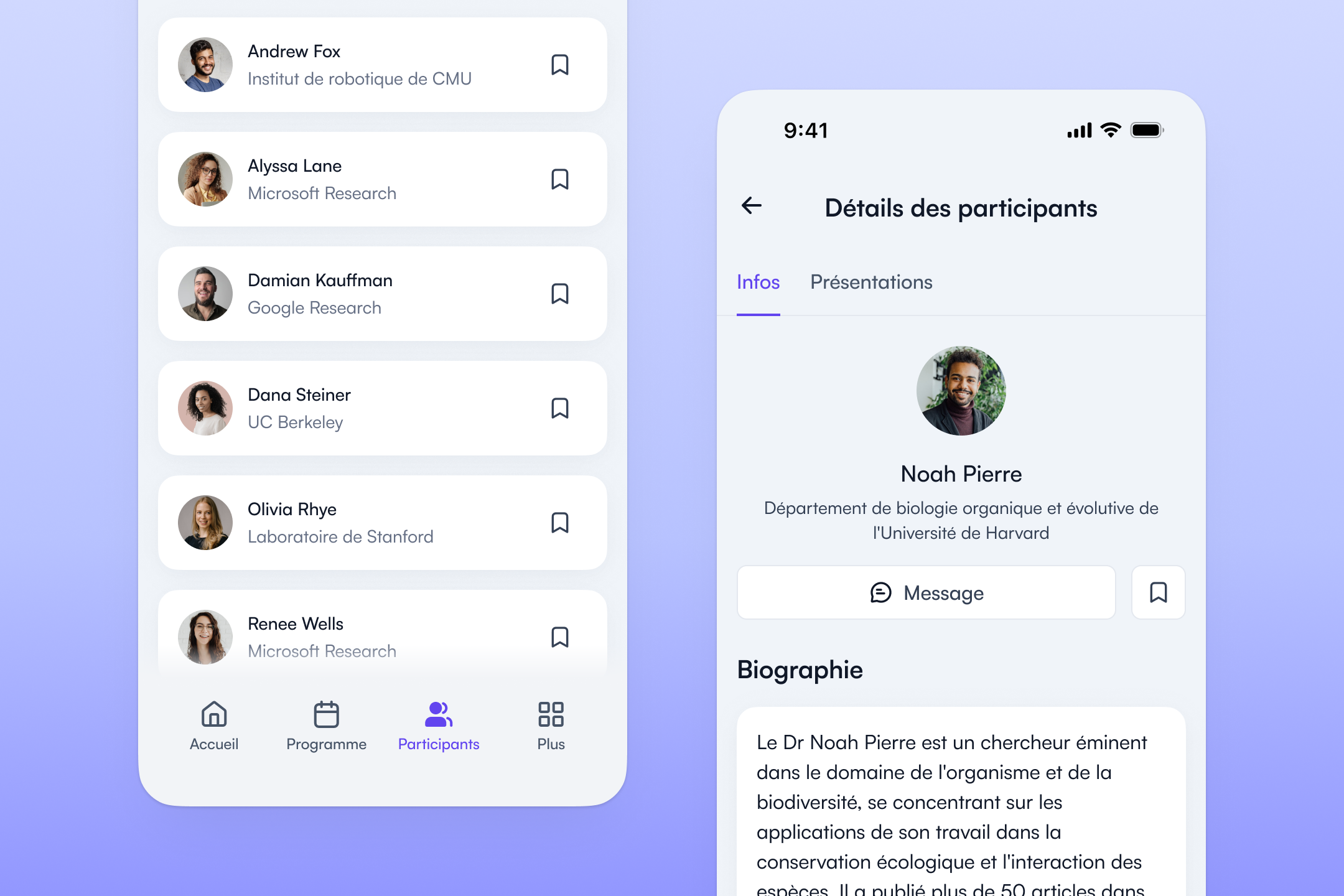 Liste des participants avec profils dans l’application Fourwaves