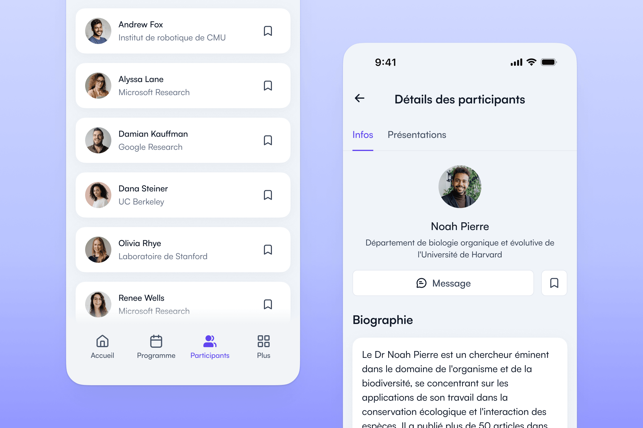 Liste des participants avec profils dans l’application Fourwaves