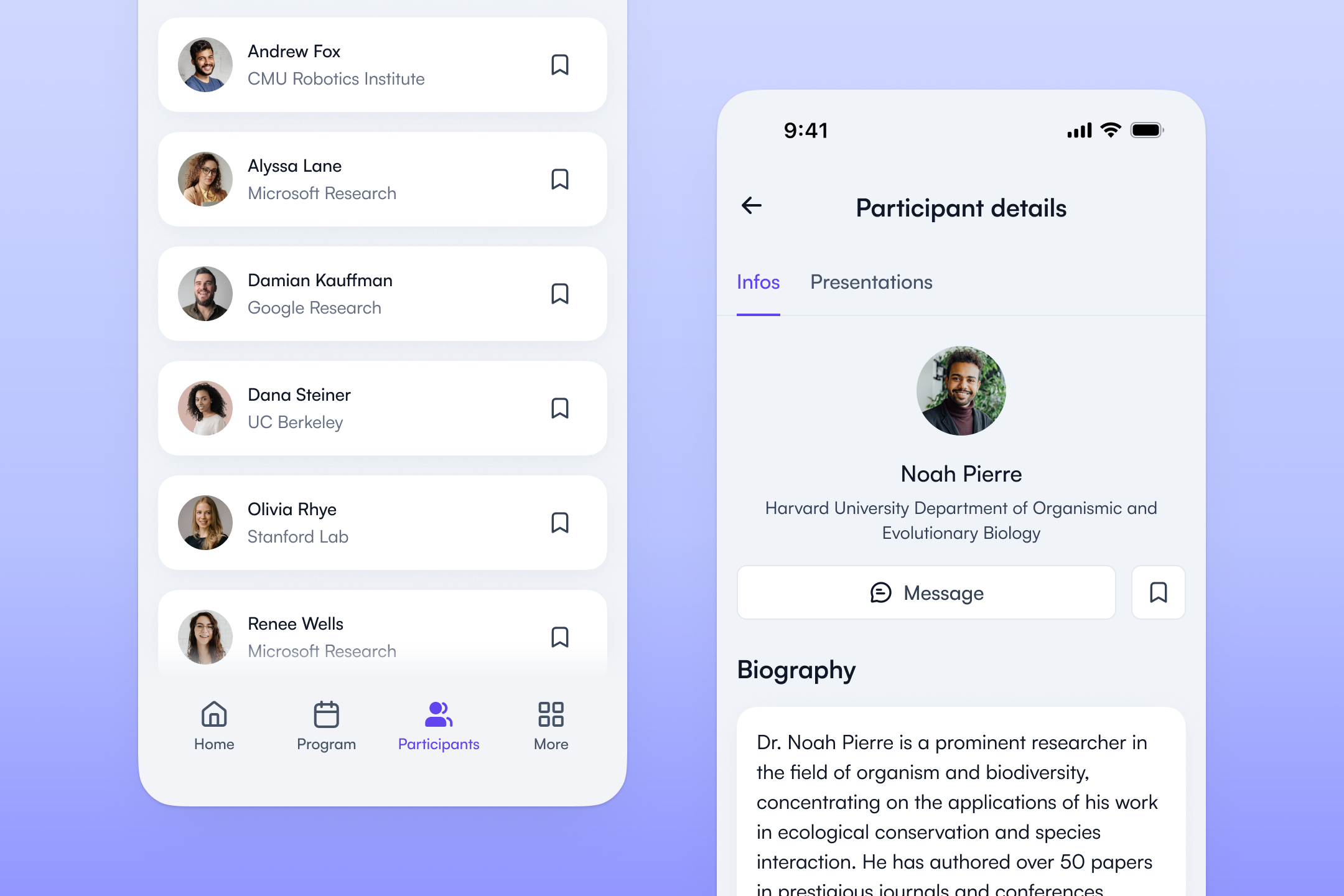 Searchable participant list with profiles in the Fourwaves app