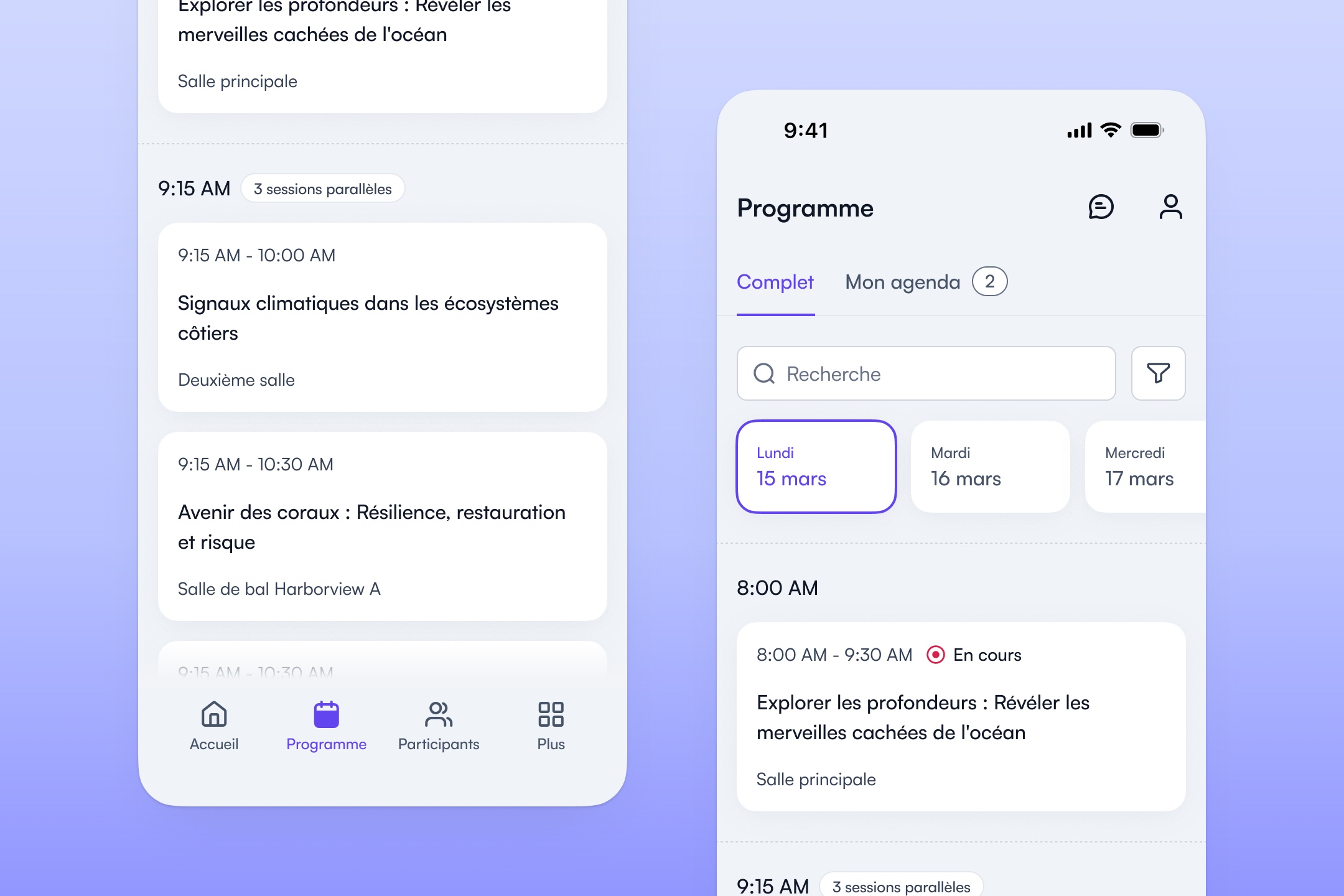Programme de l’événement par jour et par thématique dans l’application Fourwaves