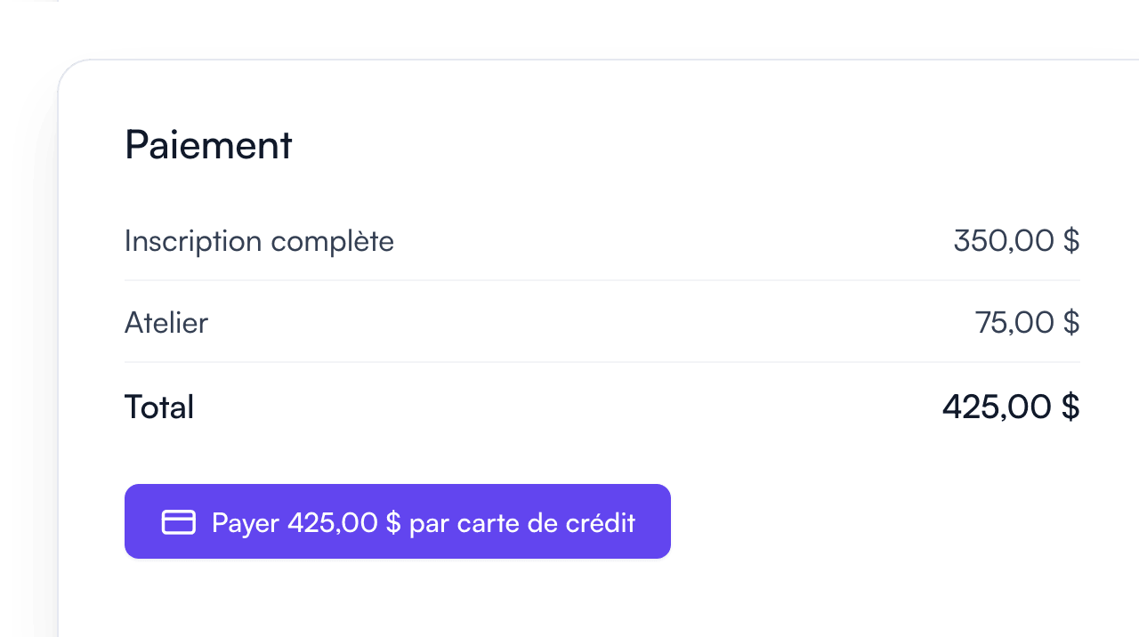 Étape de paiement d’une inscription dans Fourwaves avec une inscription complète et un atelier pour un total de 425 $, payés par carte de crédit
