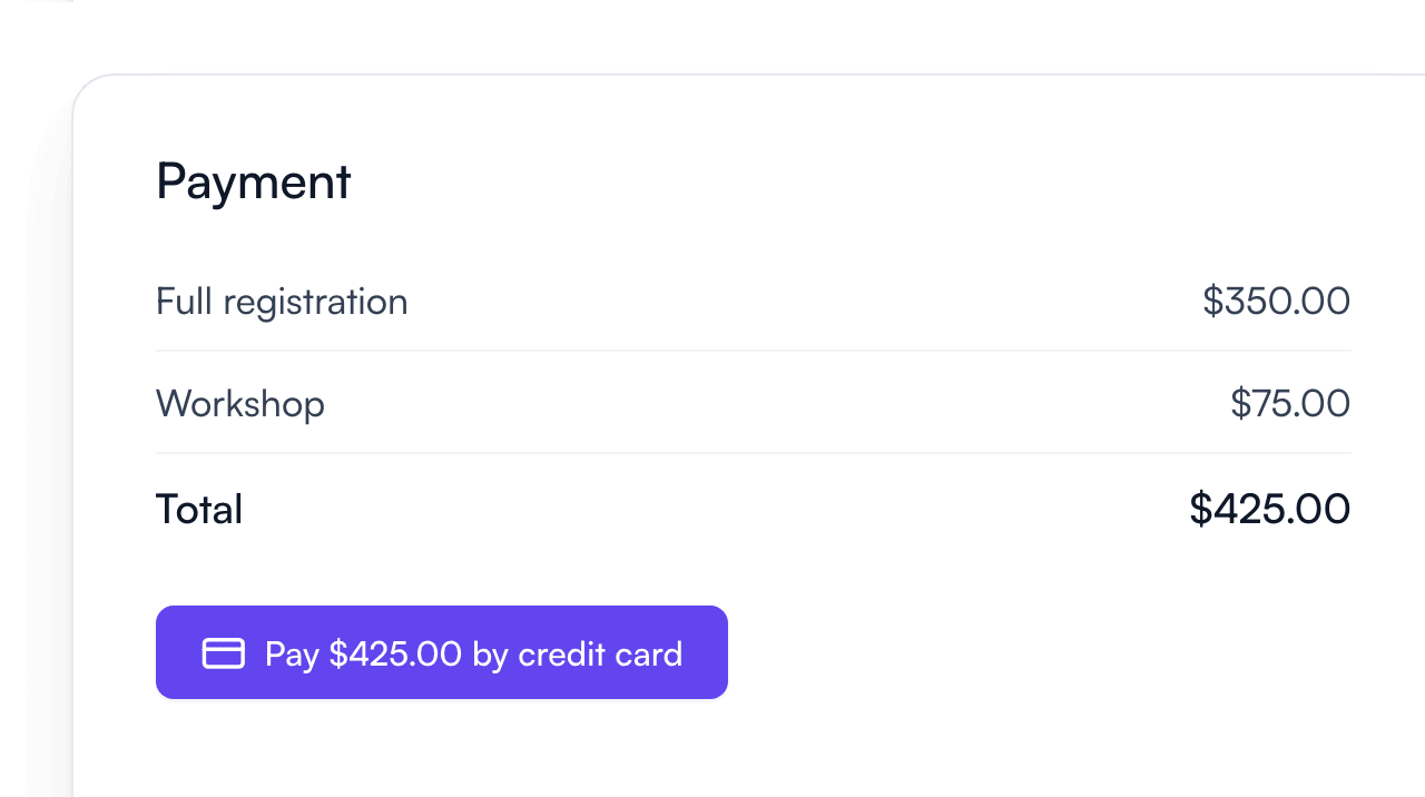 Registration checkout in Fourwaves with a full registration and a workshop totaling 425 dollars, paid by credit card