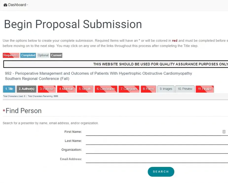 Attendee Interactive multi-step submission interface with the steps submitters go through
