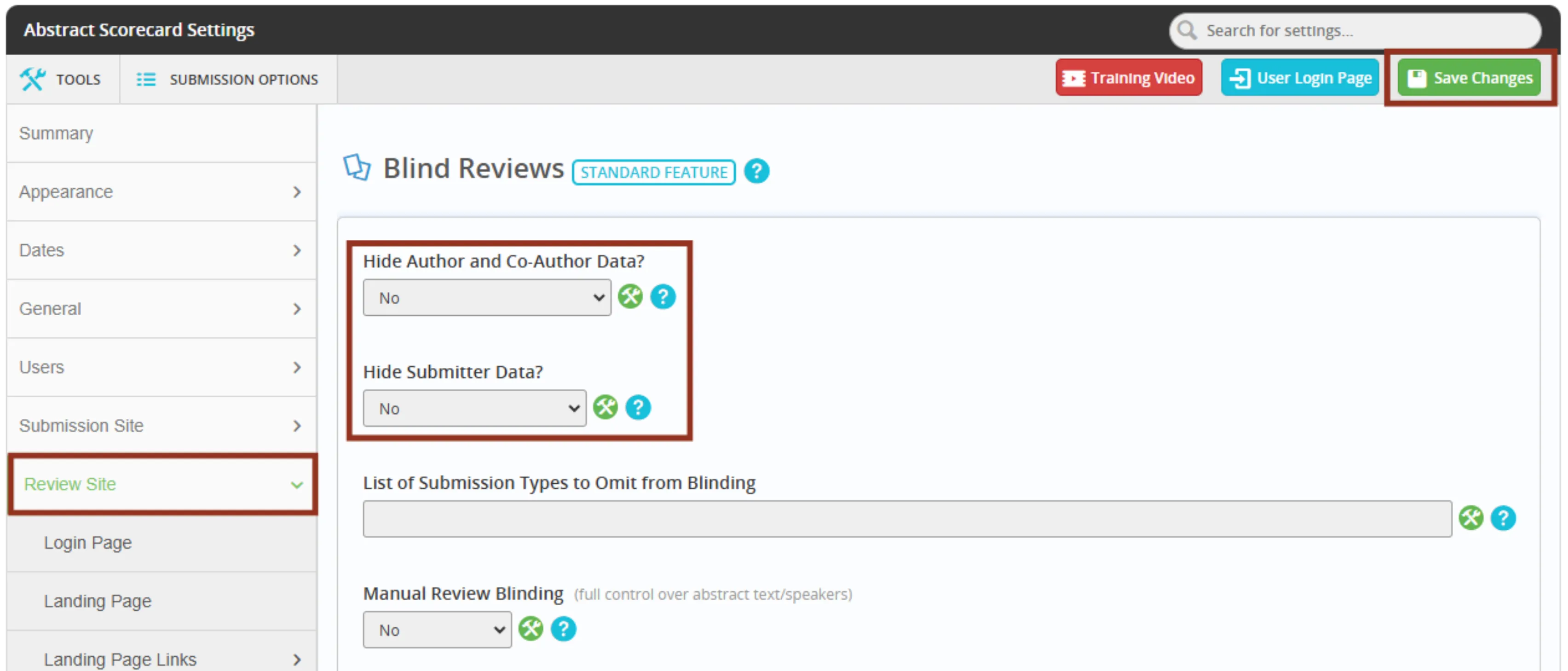 Cadmium blind review settings, hiding author data or submitter data independently