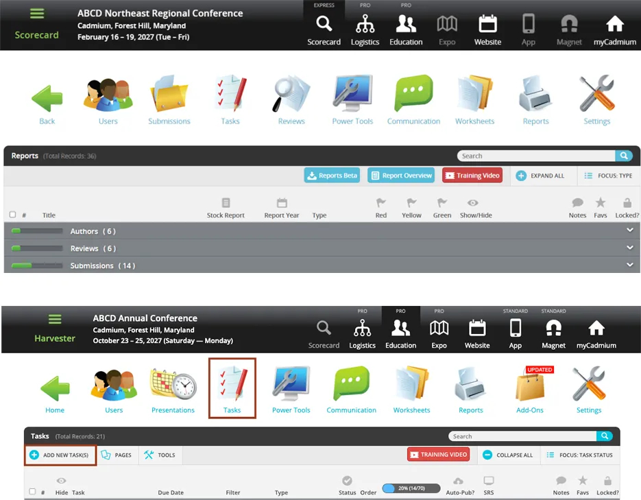 Cadmium Abstract Scorecard interface and the task editor where submission tasks are configured