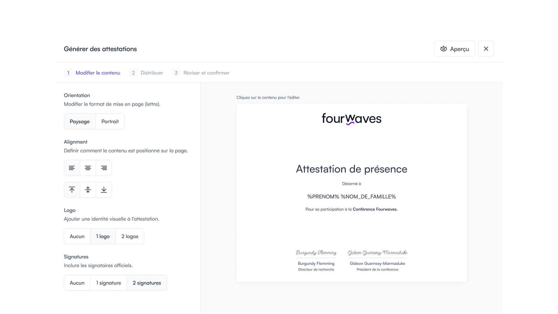 Générateur d'attestations de participation dans Fourwaves