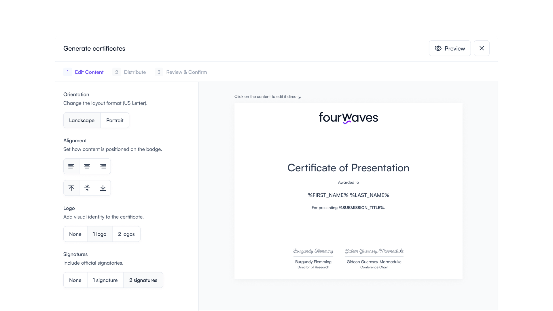 Presenter certificate generator in Fourwaves