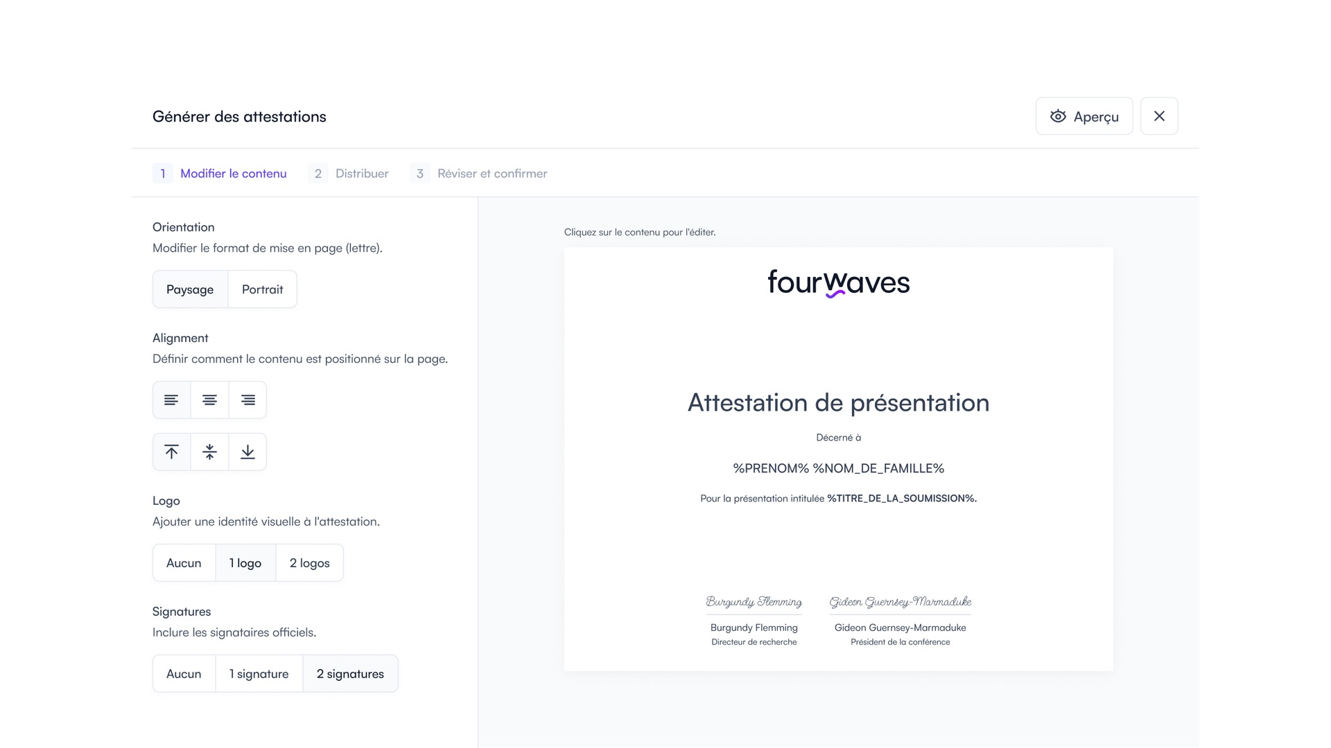 Générateur d'attestations de présentation dans Fourwaves