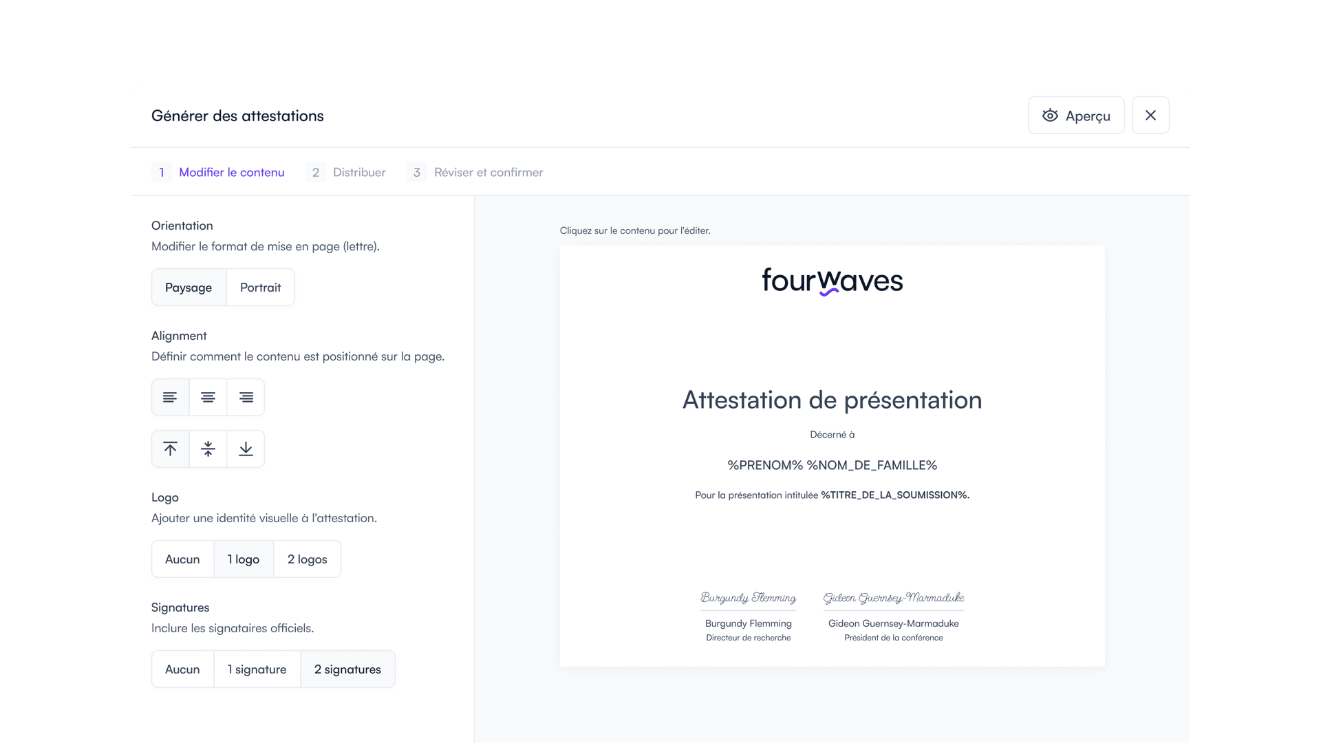 Générateur d'attestations de présentation dans Fourwaves