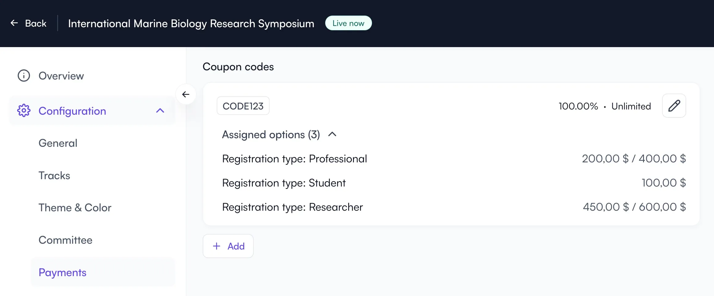 Coupon code section