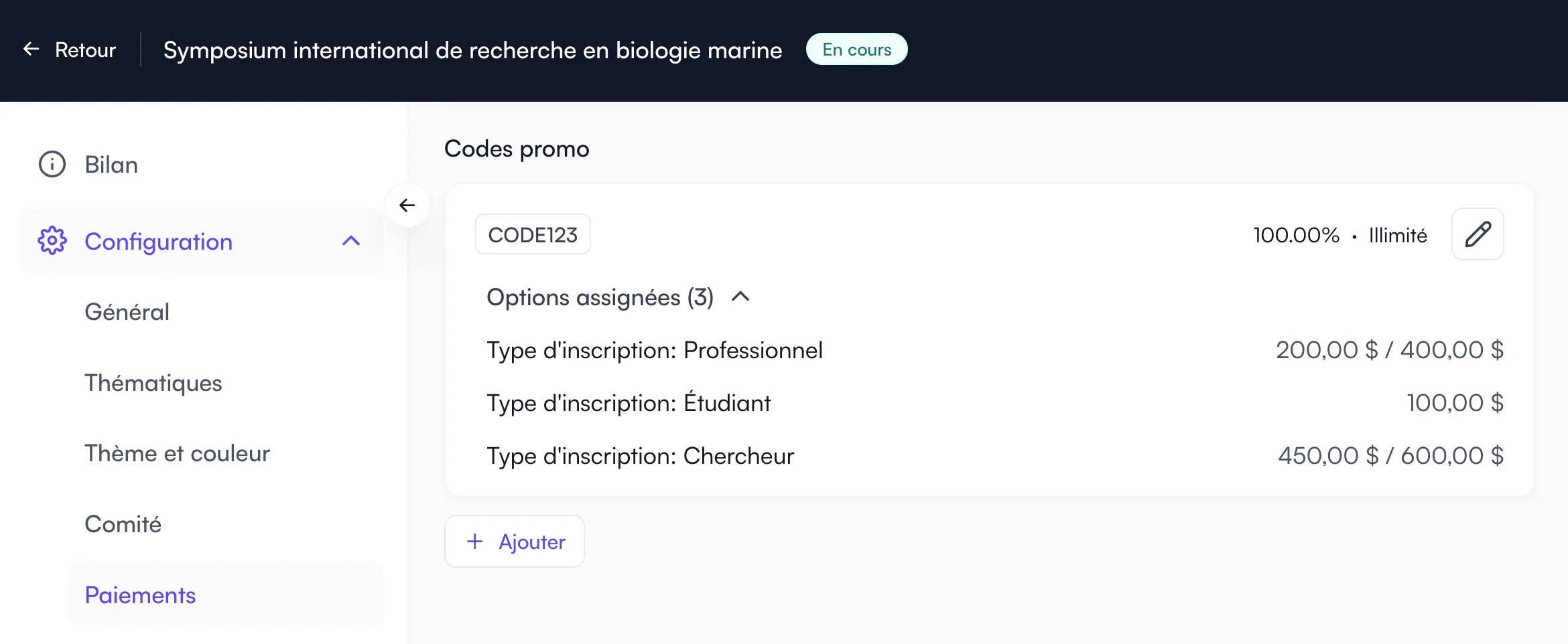 Section des codes promo