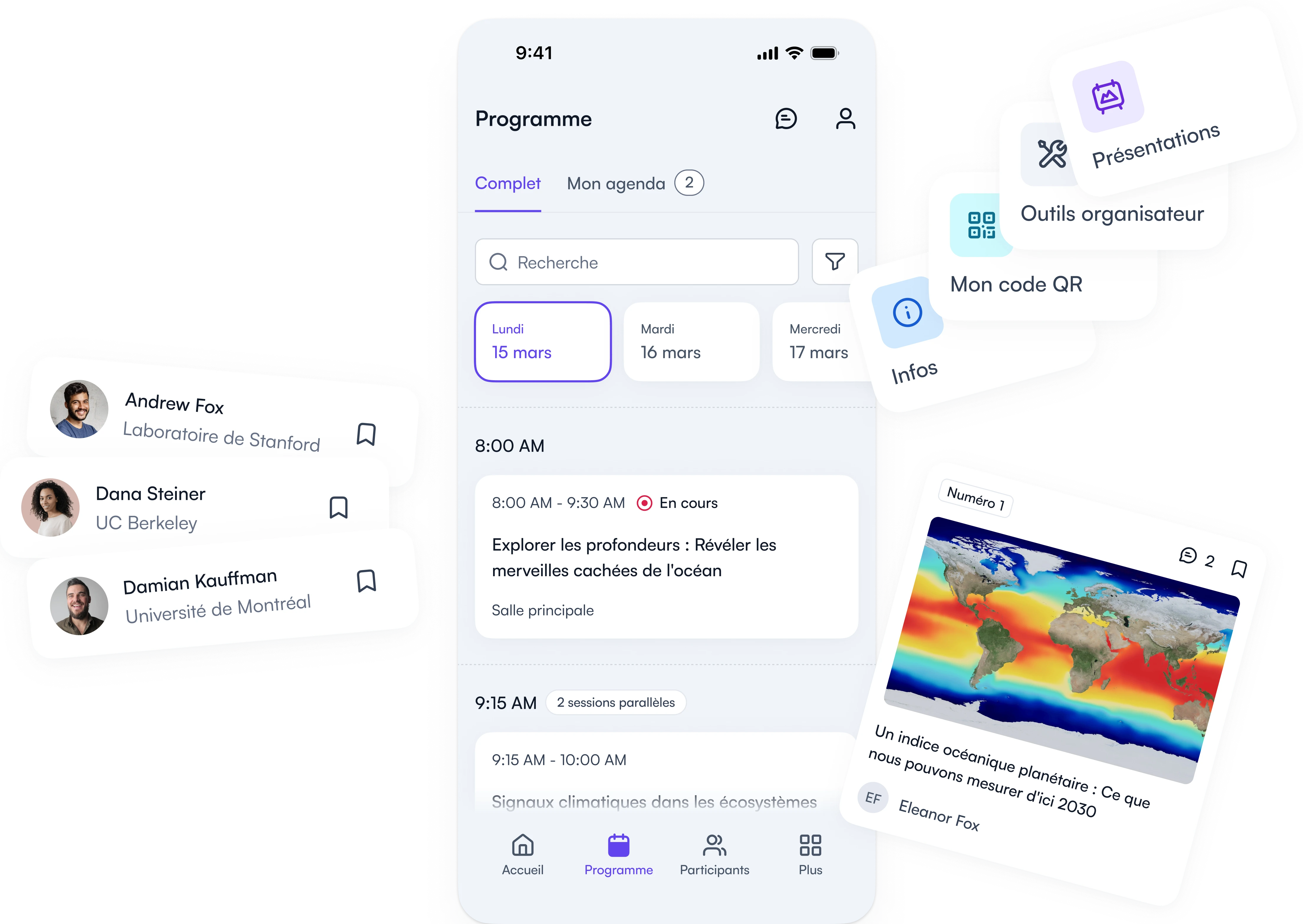 L’application Fourwaves montrant le programme, les participants et le matériel de présentation