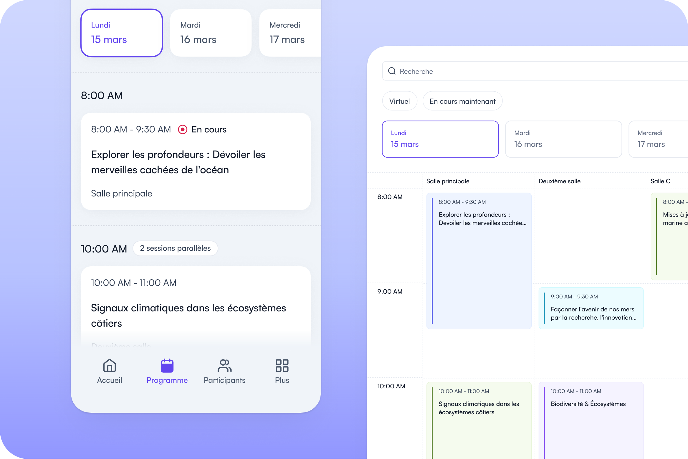 La même session affichée sur le site web de l’événement, la plateforme virtuelle et l’application Fourwaves