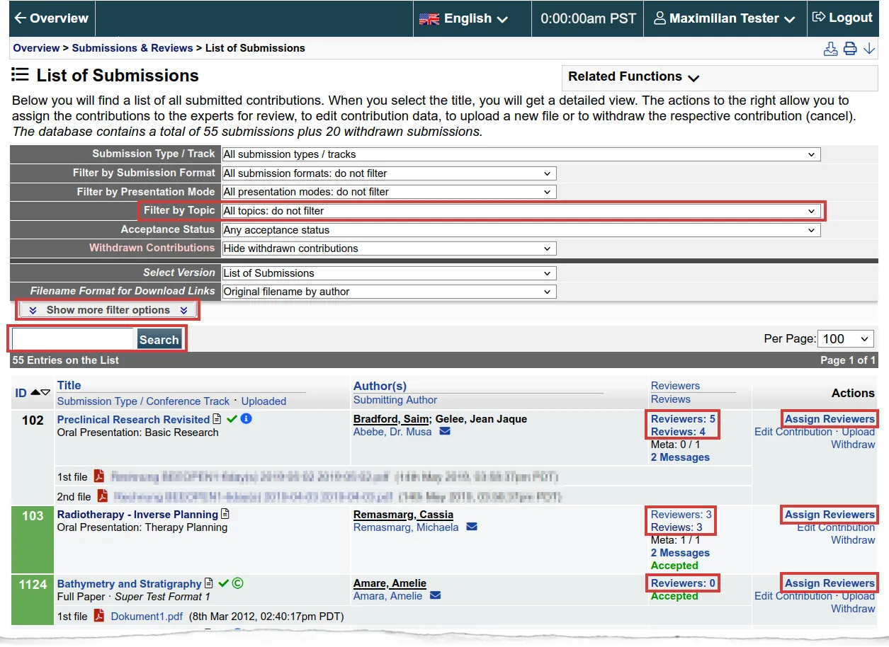ConfTool submissions list with filter options, showing its dated interface