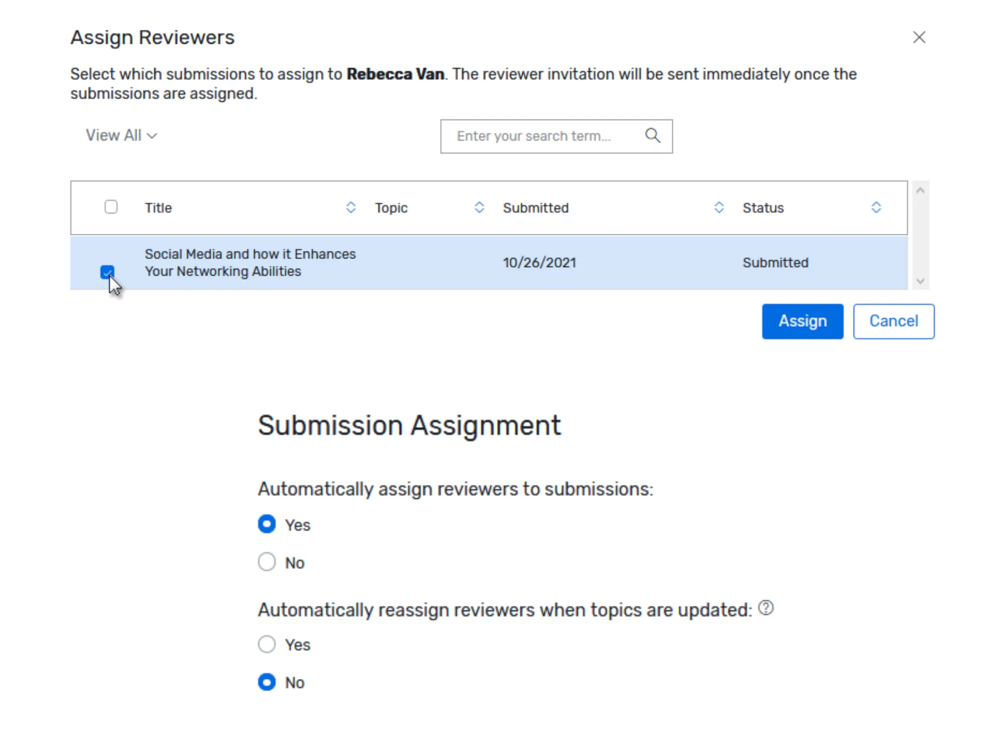 Cvent screen for selecting submissions and assigning reviewers manually or automatically