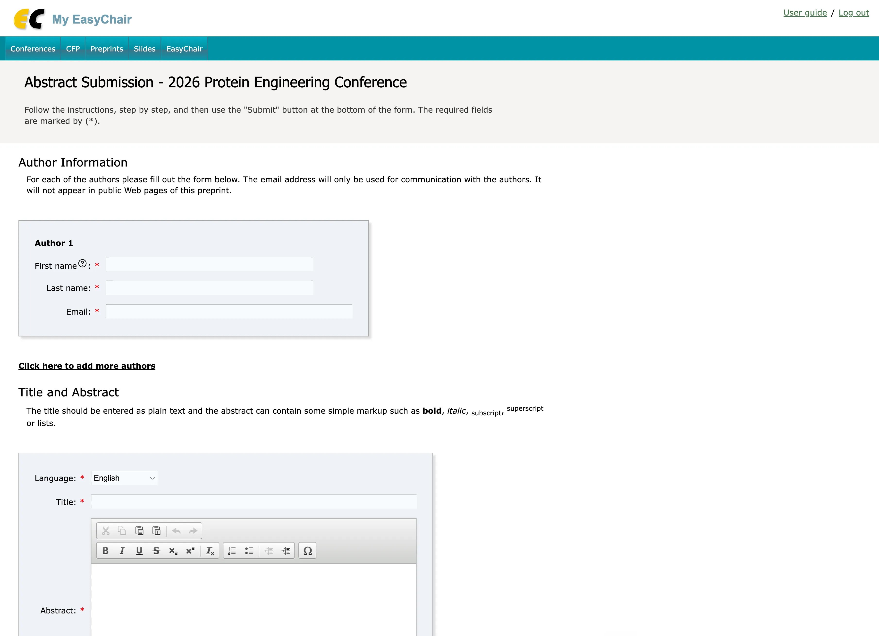 EasyChair abstract submission form for a 2026 conference, showing its dated interface