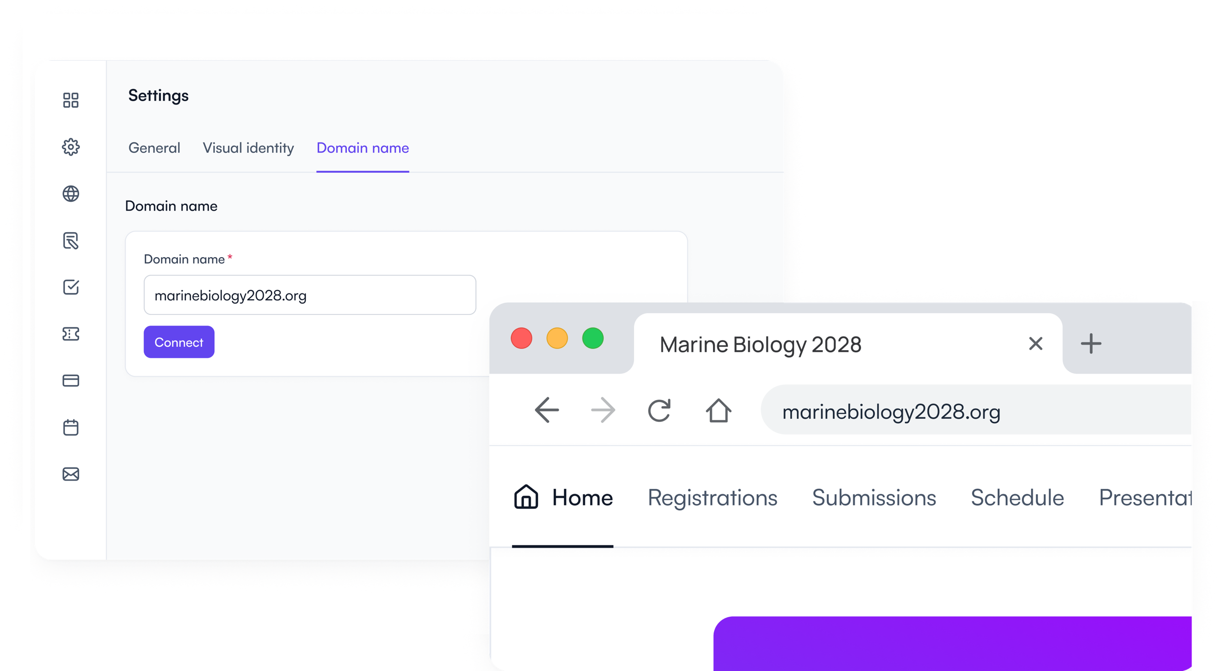 Domain name settings in Fourwaves beside an event website live on its own domain