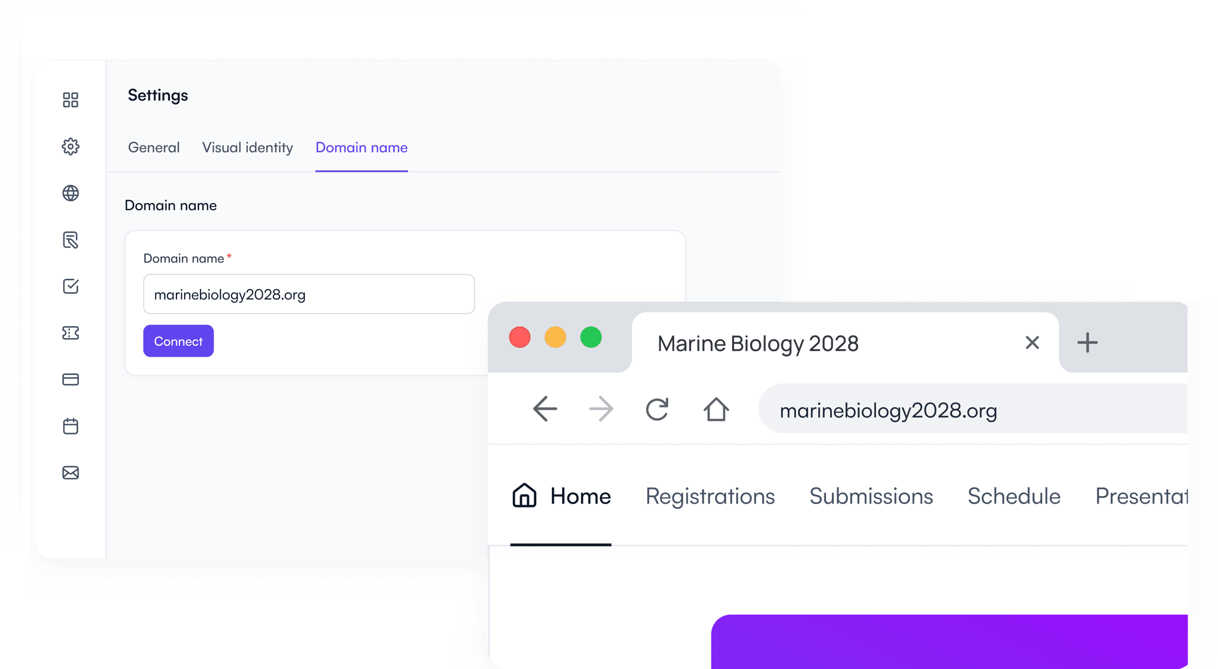 Domain name settings in Fourwaves beside an event website live on its own domain