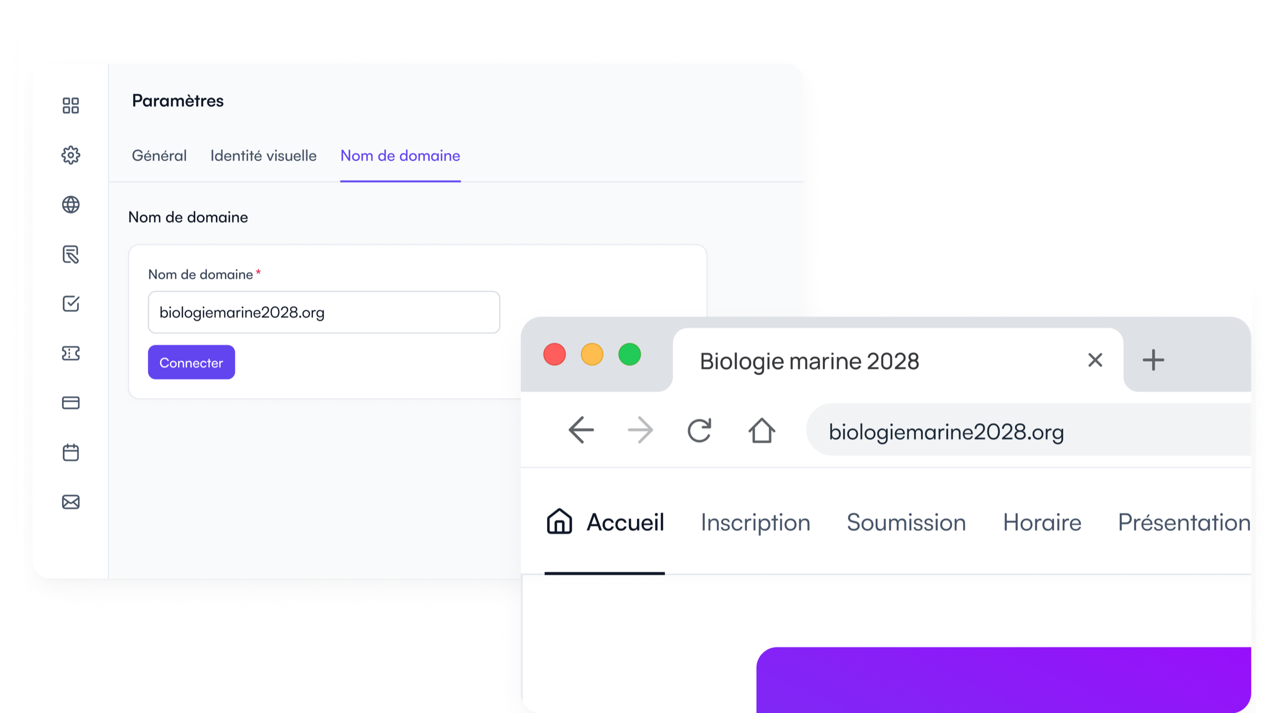 Paramètres de nom de domaine dans Fourwaves à côté d’un site web d’événement sur son propre domaine