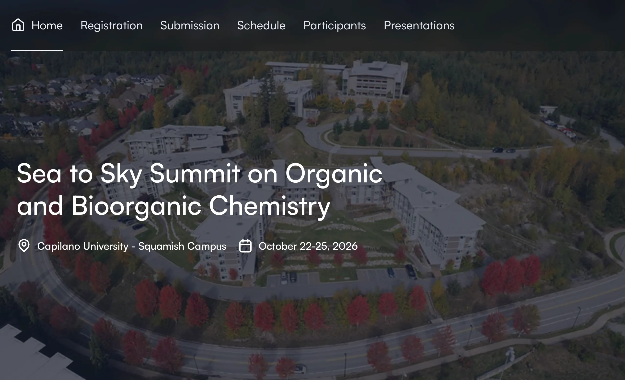 Le site web du Sea to Sky Summit on Organic and Bioorganic Chemistry, réalisé avec Fourwaves, avec ses pages d'inscription, de soumission et d'horaire