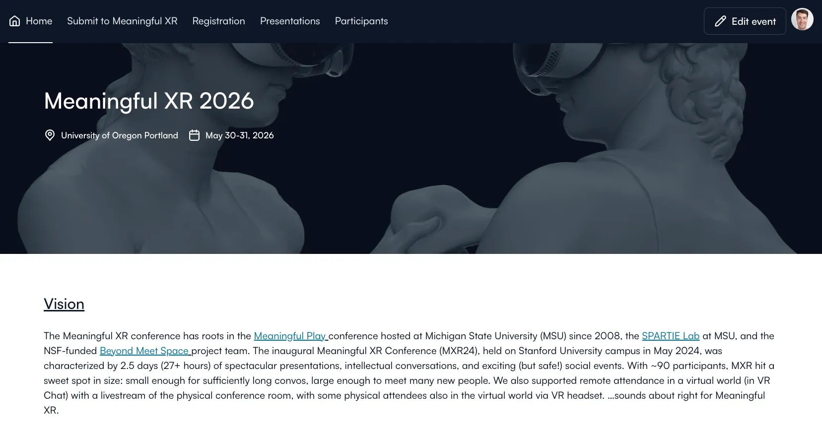 The Management in Extended Reality (MXR) conference website built with Fourwaves