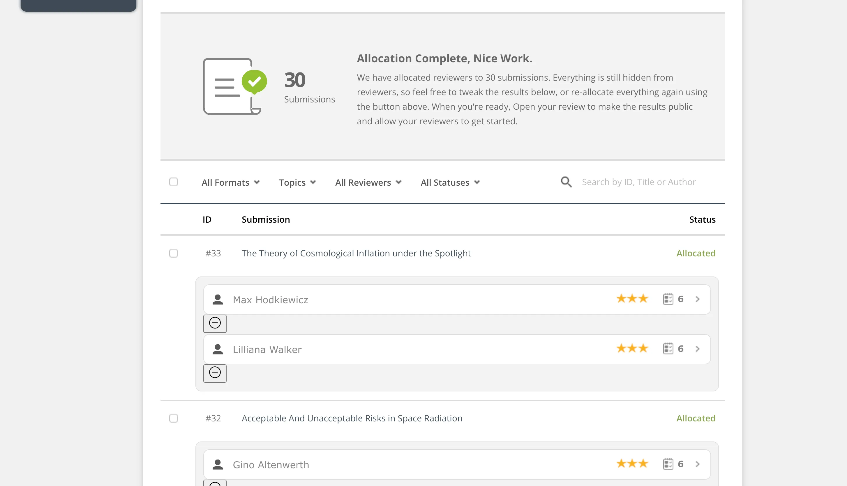Ex Ordo allocation engine showing reviewers matched to a submission with a one-click switch option