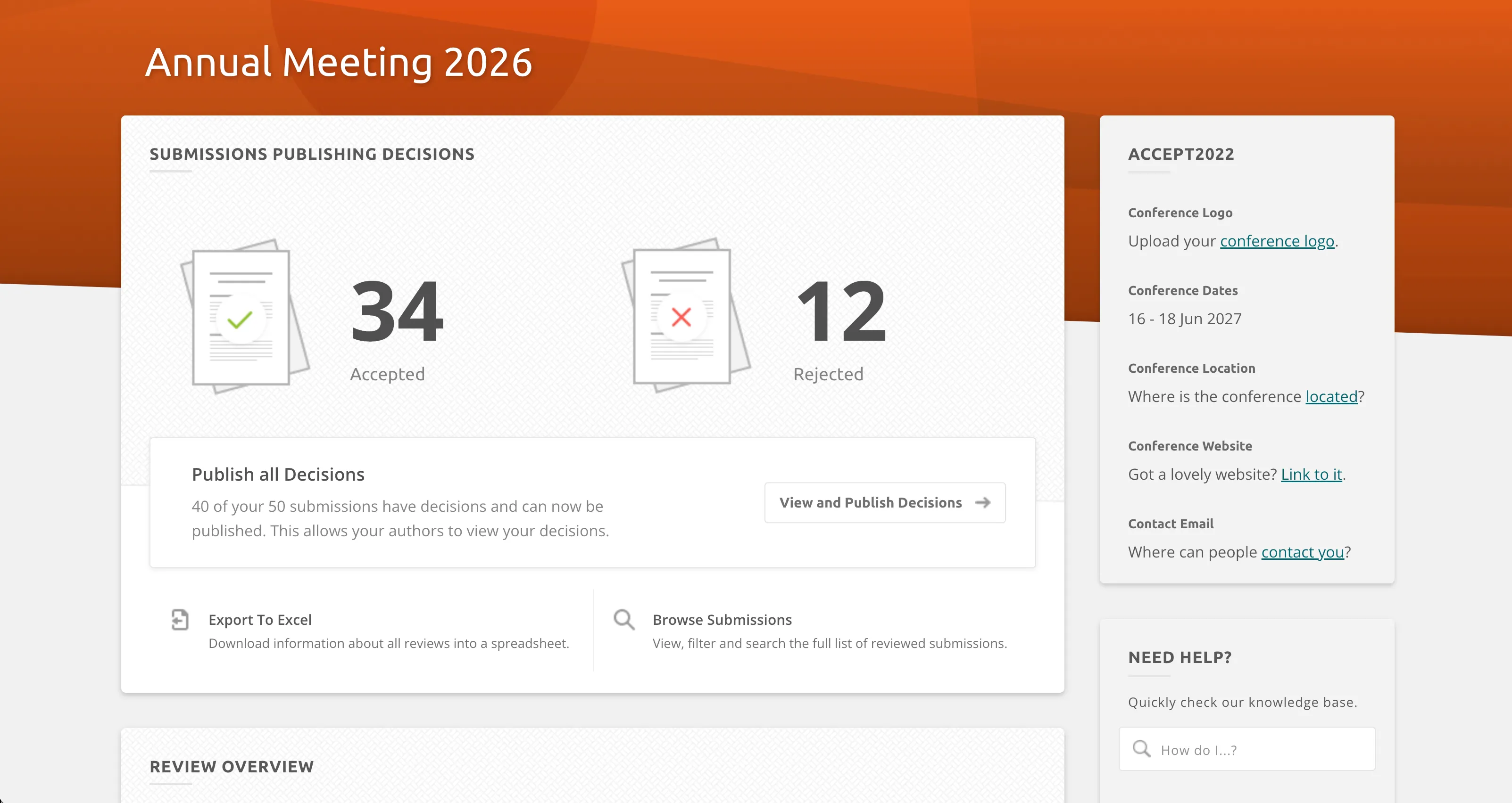 Ex Ordo decisions screen with cards showing counts of accepted and rejected submissions