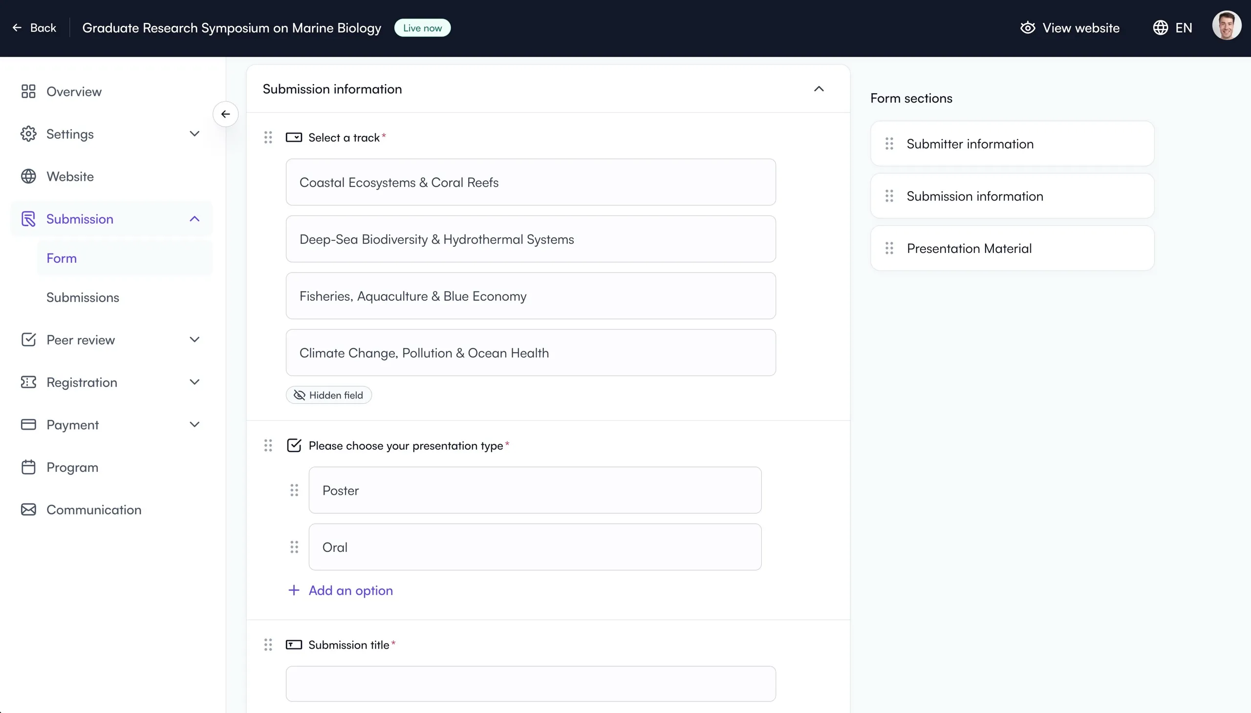 Building a customizable abstract submission form in Fourwaves with tracks and presentation types