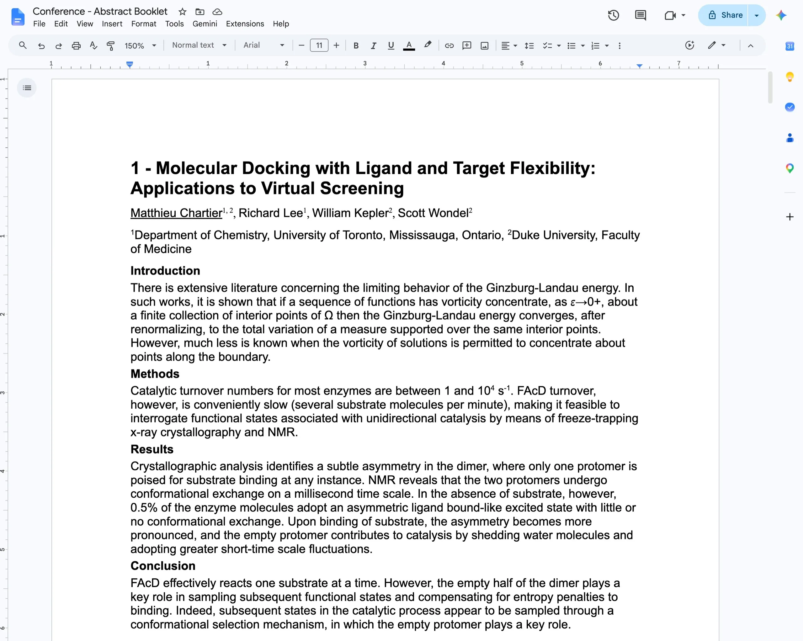 Conference book of abstracts generated by Fourwaves, formatted with title, authors, and sections