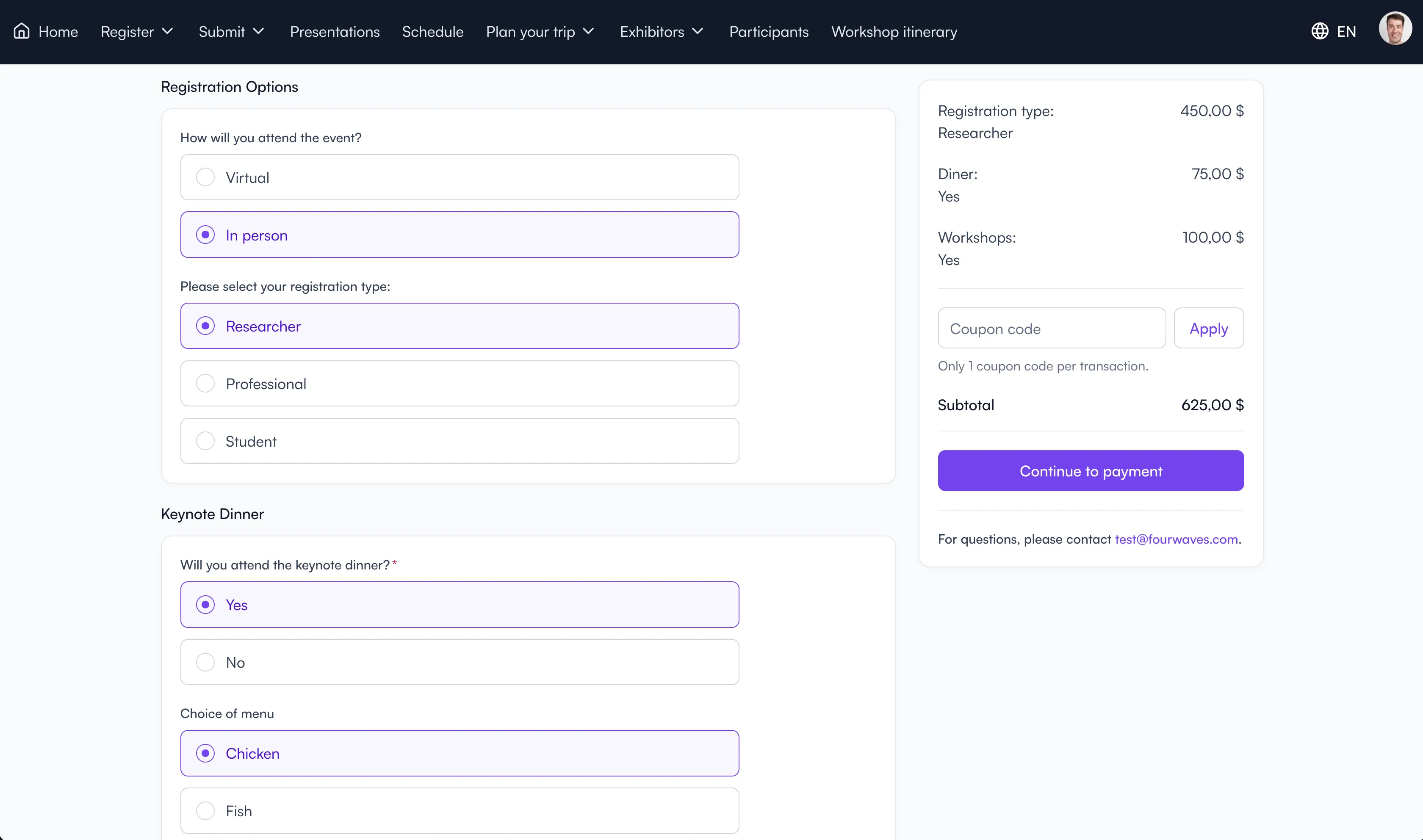 Event registration options on Fourwaves with attendee types and a live order summary