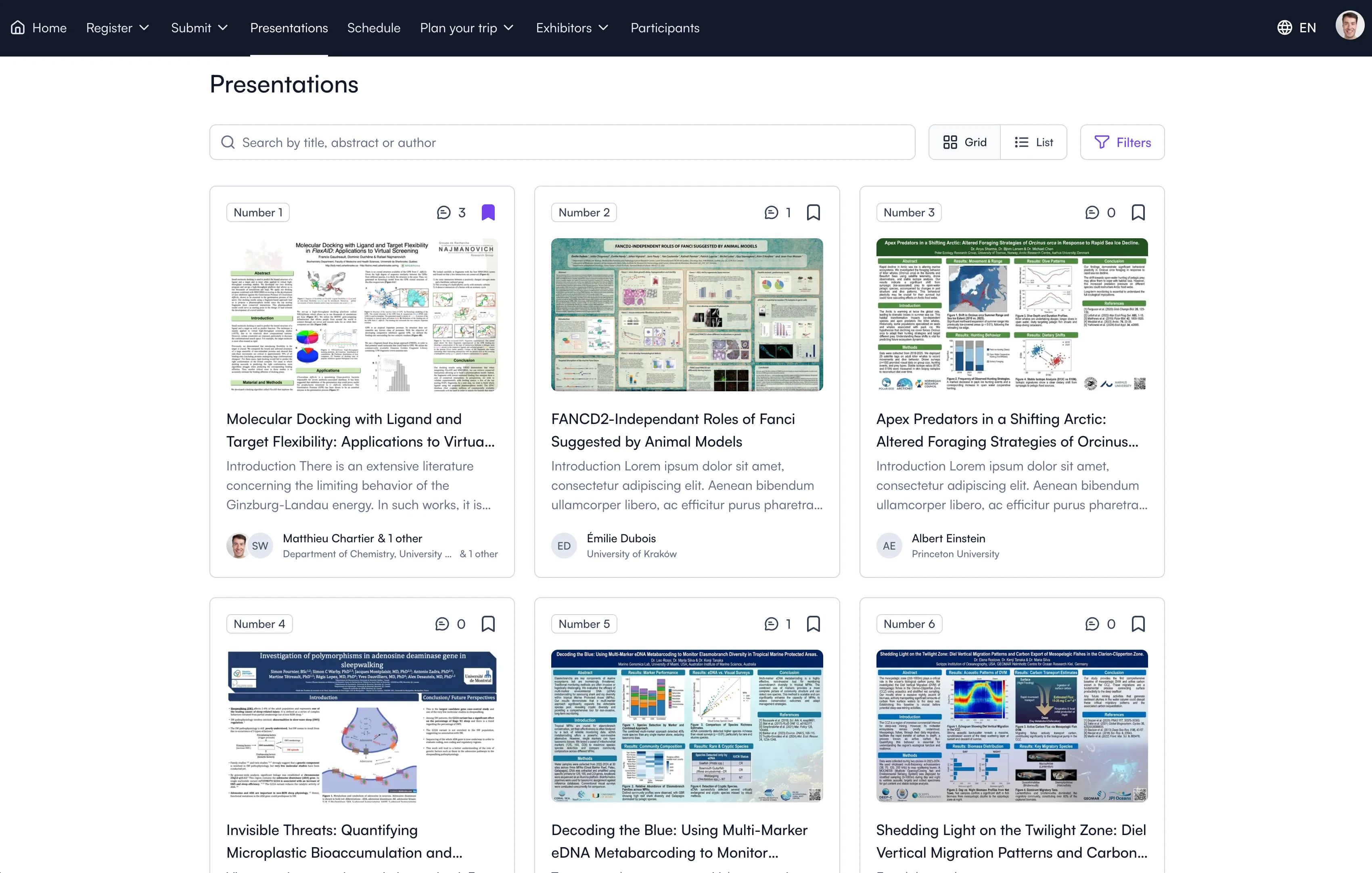 Published presentation list in Fourwaves where attendees browse materials and engage with participants