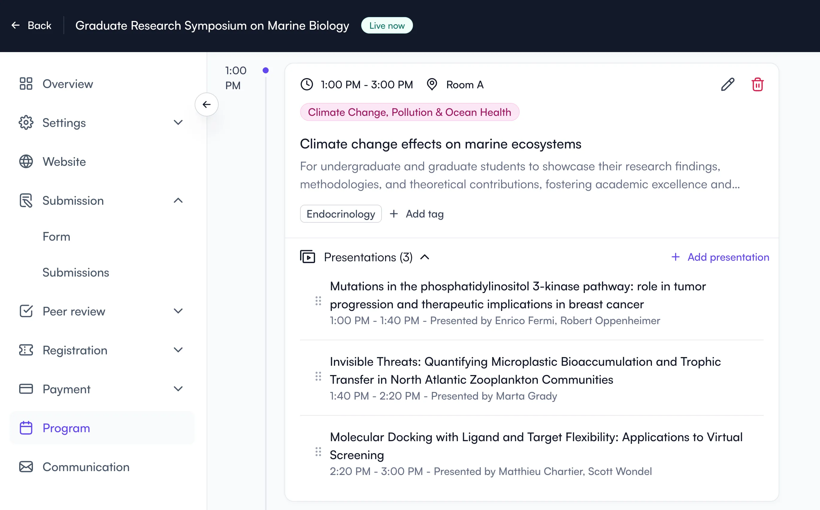 Fourwaves program builder with sessions and accepted presentations nested inside them