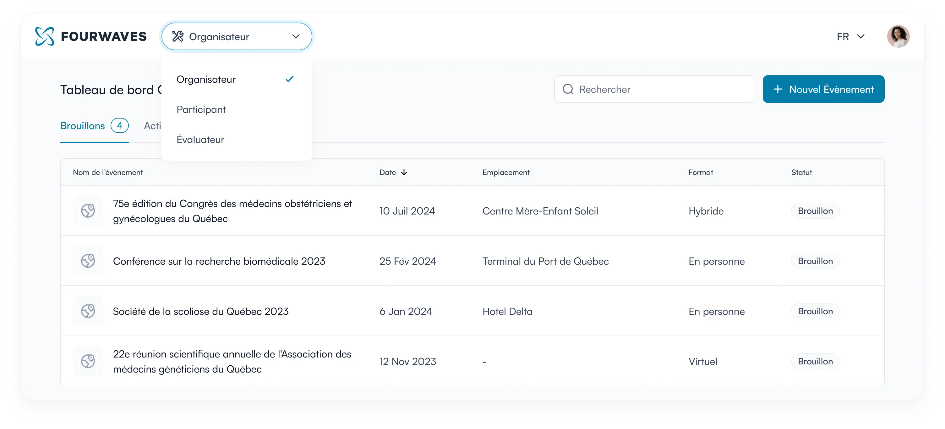 tableau de bord organisateur