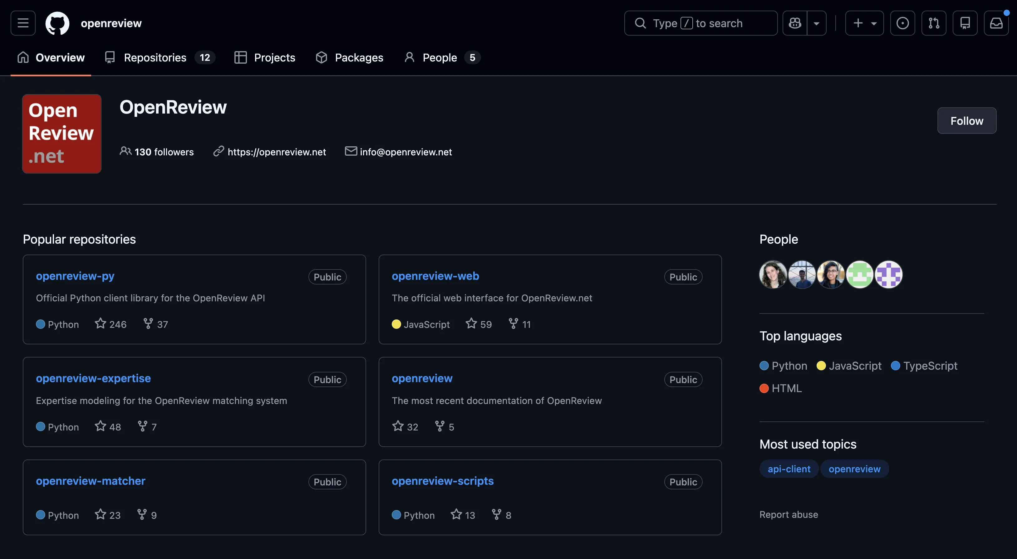 The OpenReview organization page on GitHub with its open-source repositories