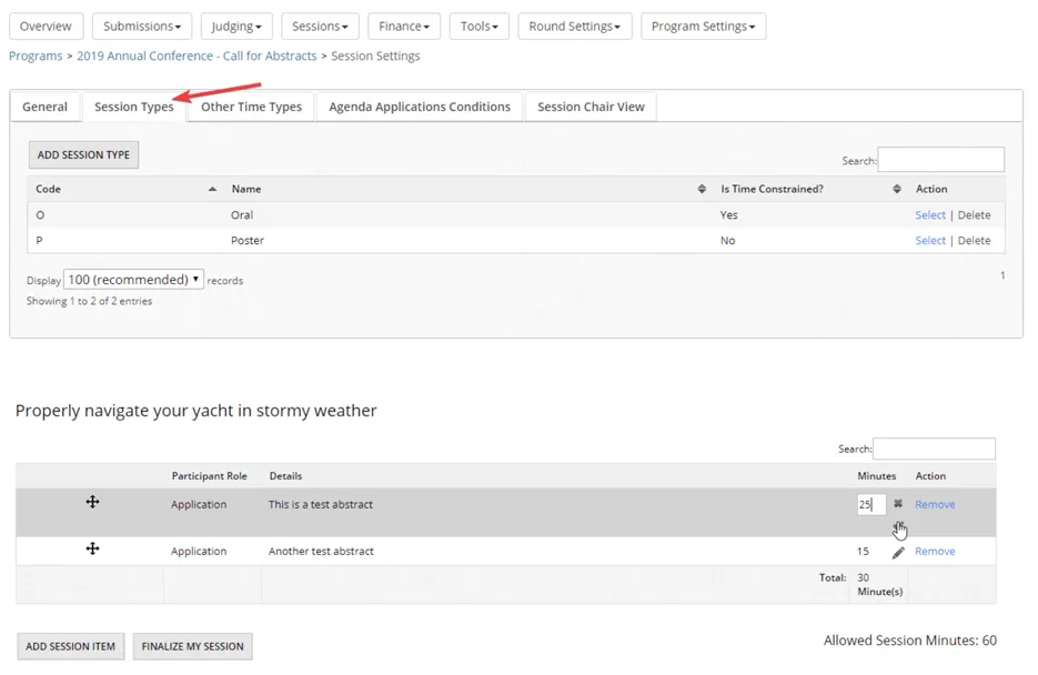 OpenWater session types configuration above, and an application's per-session minute allocation below