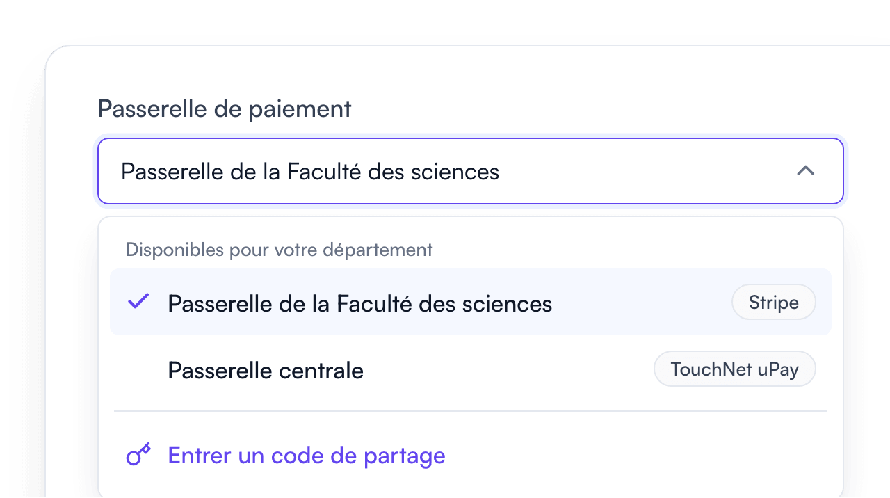 Paramètres de paiement d’un événement dans Fourwaves listant les passerelles Stripe et TouchNet uPay disponibles pour un département, avec l’option d’entrer un code de partage