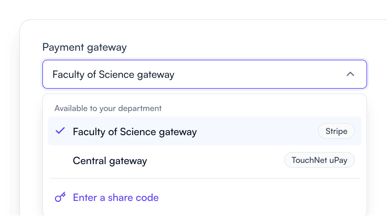 Event payment settings in Fourwaves listing the Stripe and TouchNet uPay gateways available to a department, with an option to enter a share code