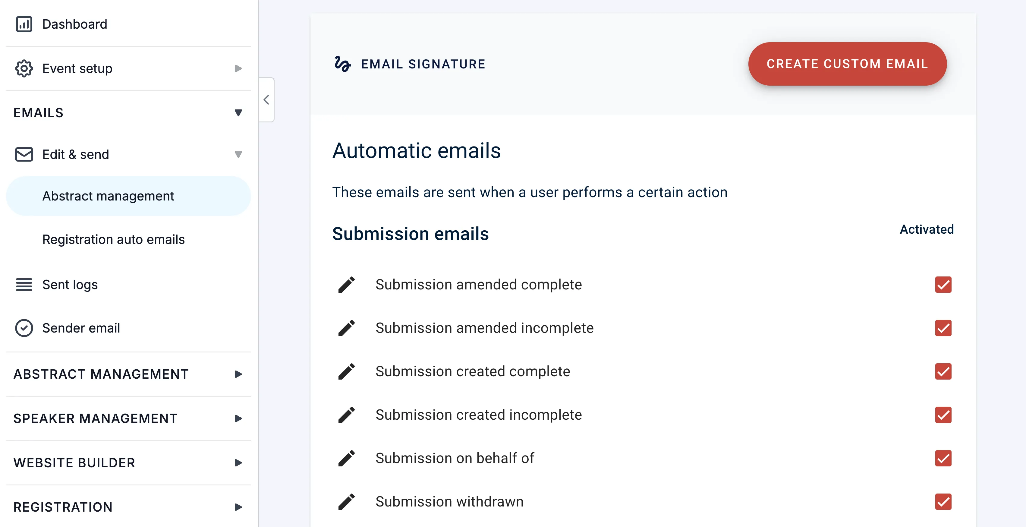 Oxford Abstracts email template section for editing automatic emails and creating custom ones