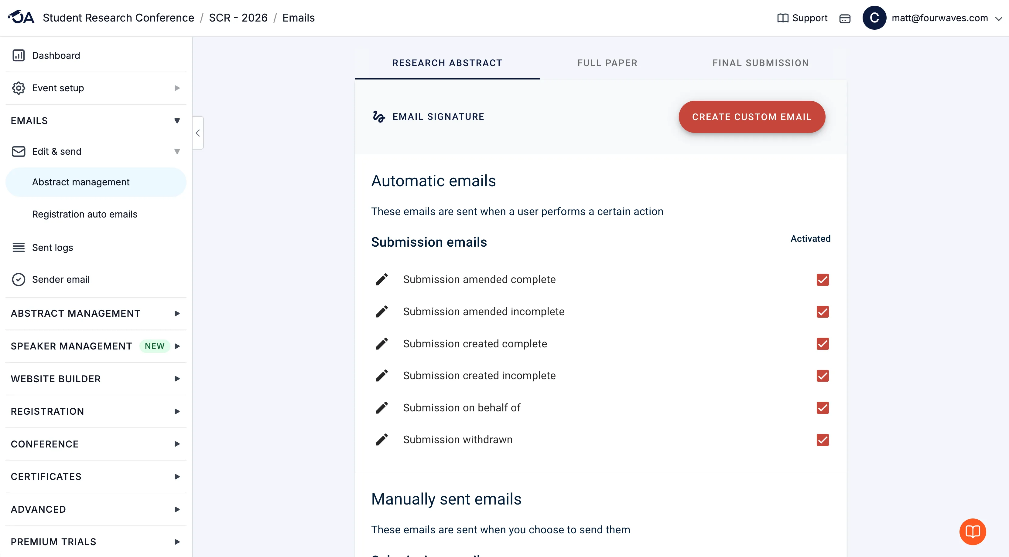 Oxford Abstracts email settings with toggles to activate and edit automatic emails