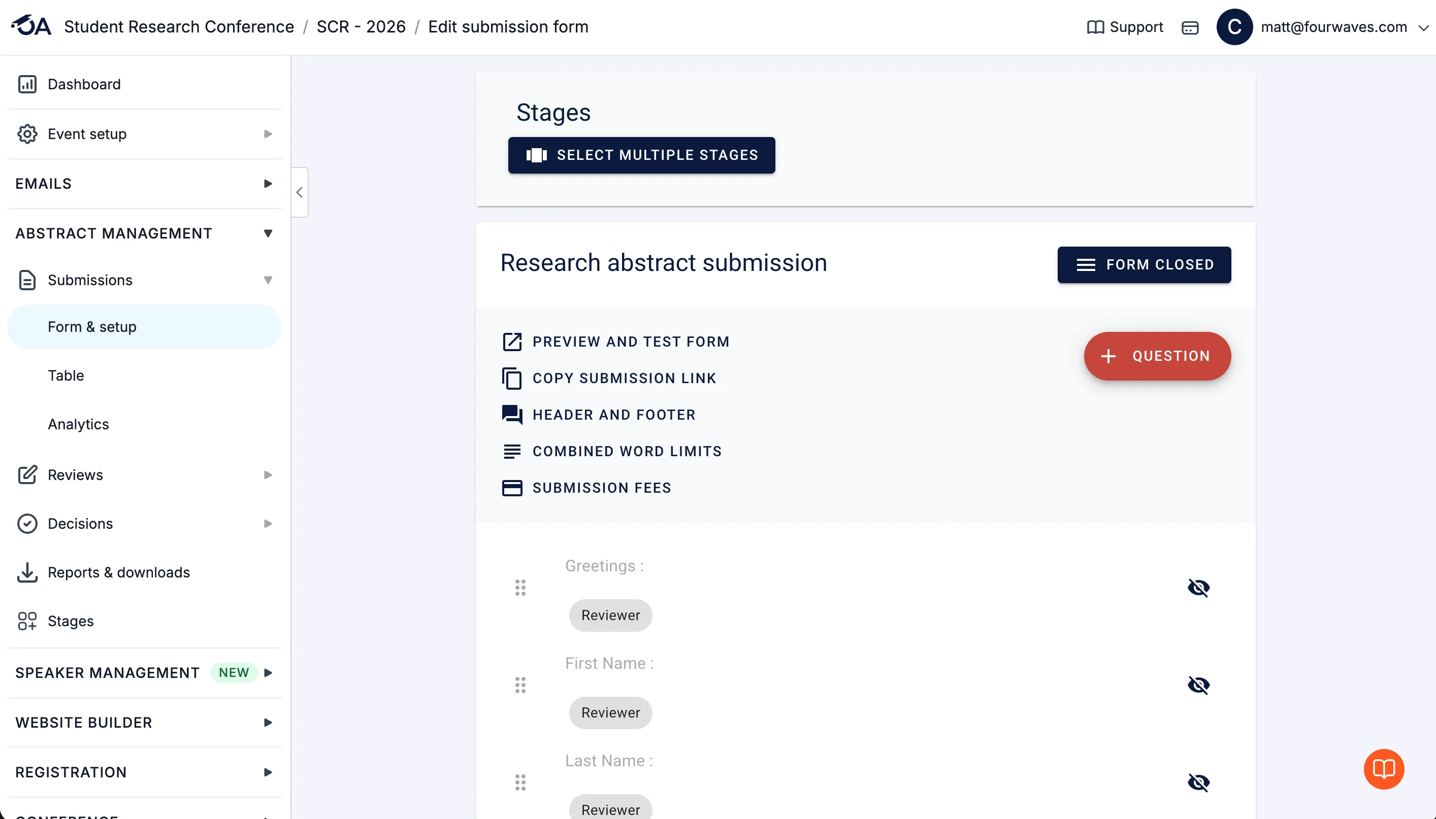 Oxford Abstracts submission form builder showing multiple submission stages