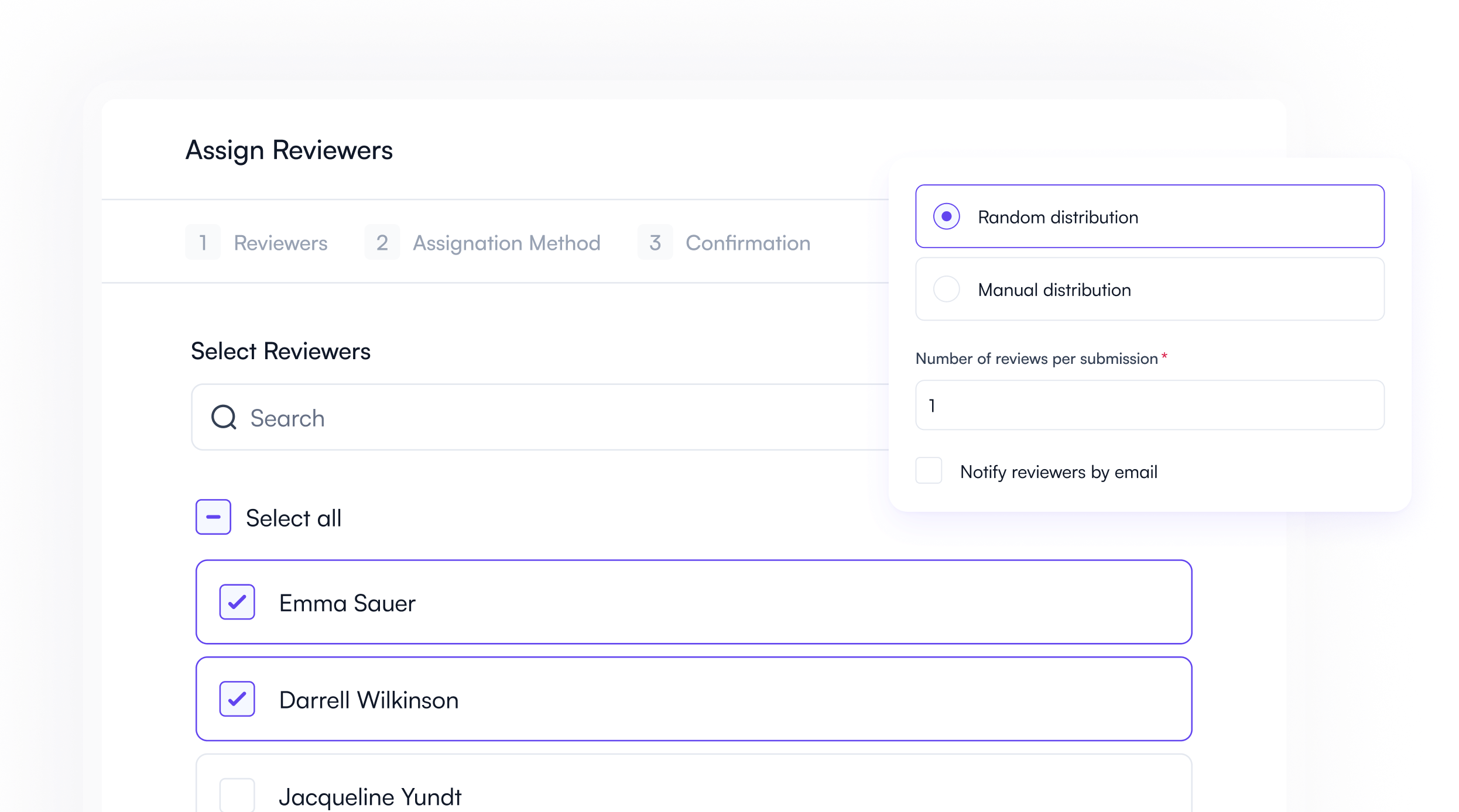 Reviewer assignment screen in Fourwaves