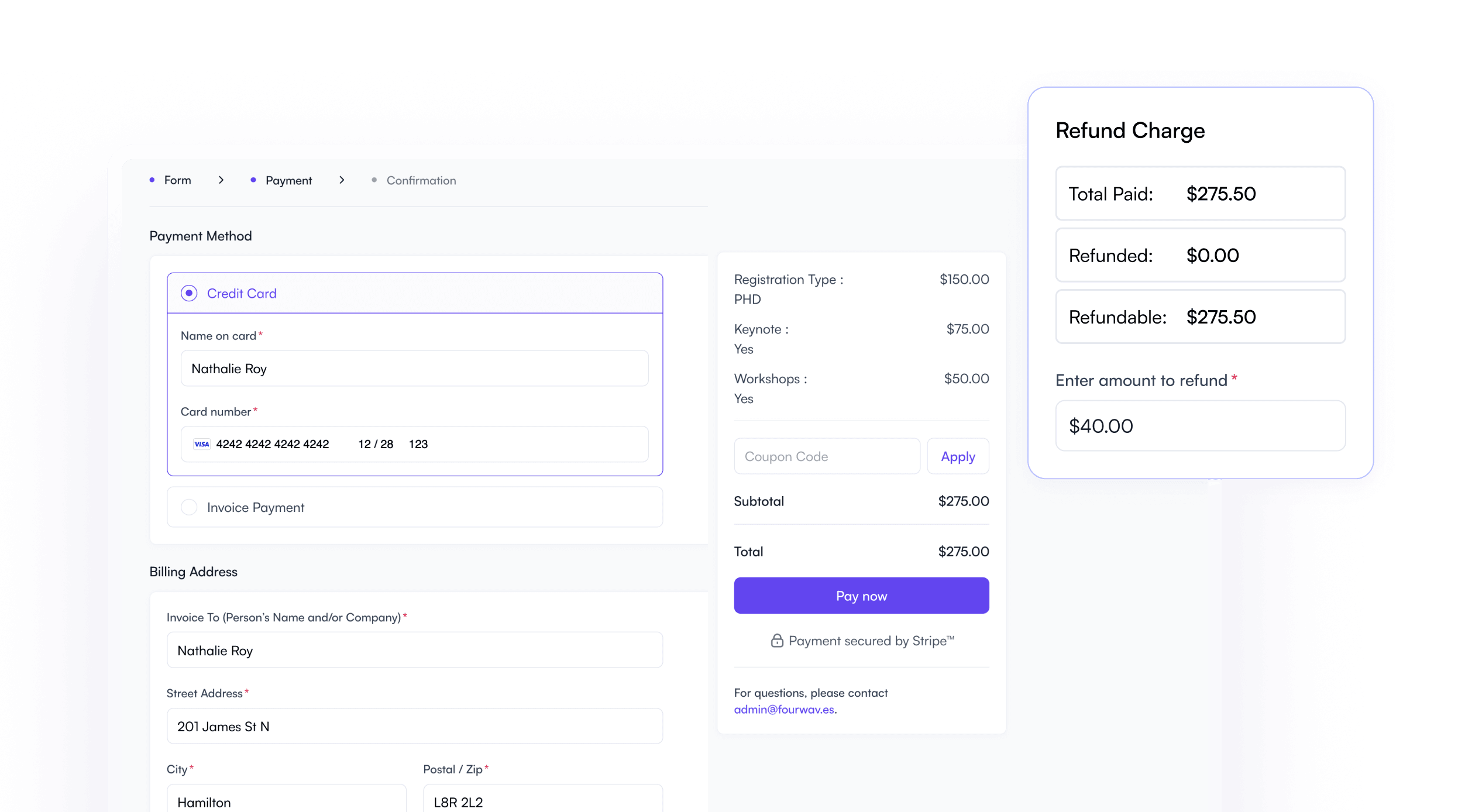 Registration payment and refund processing in Fourwaves