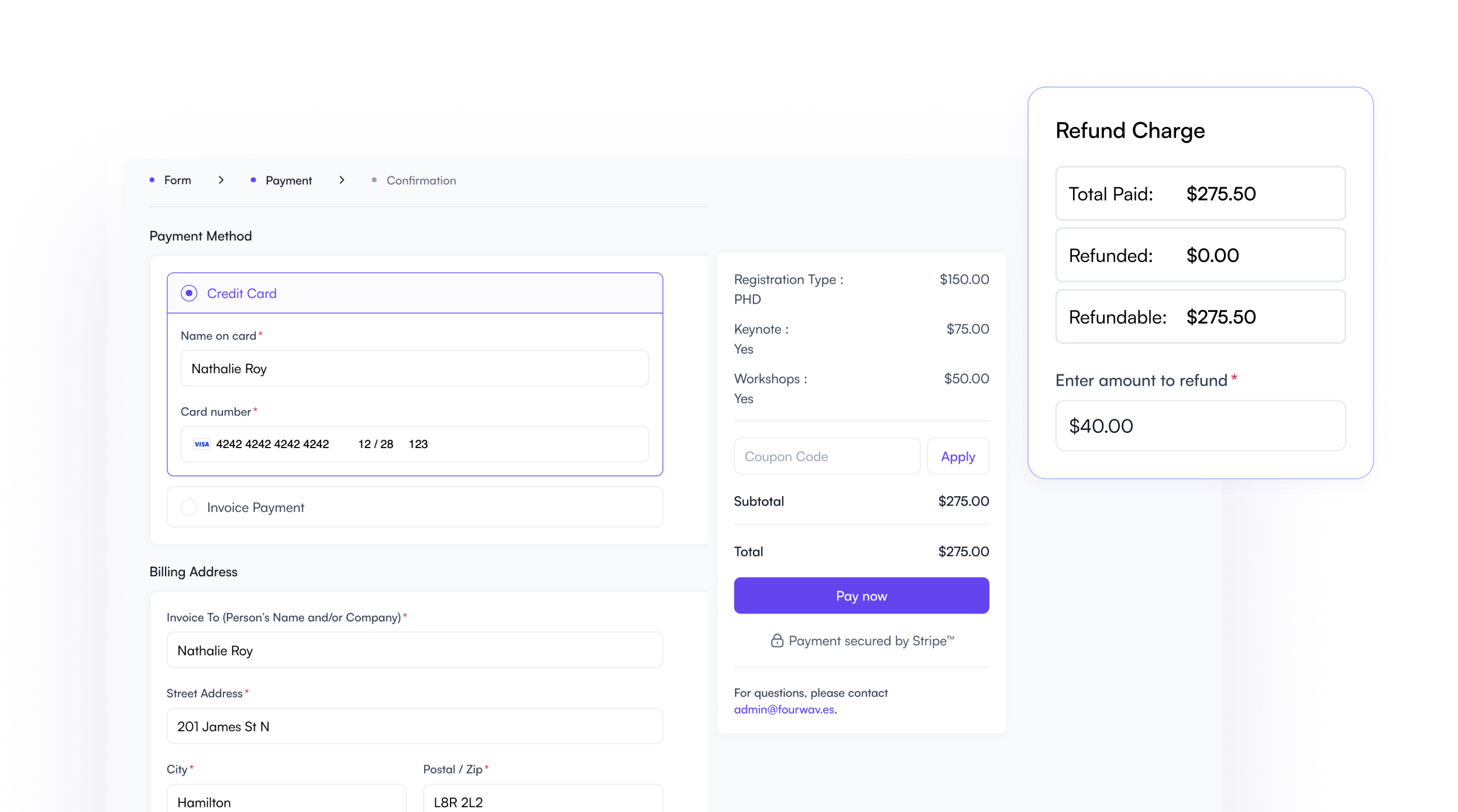 Registration payment and refund processing in Fourwaves